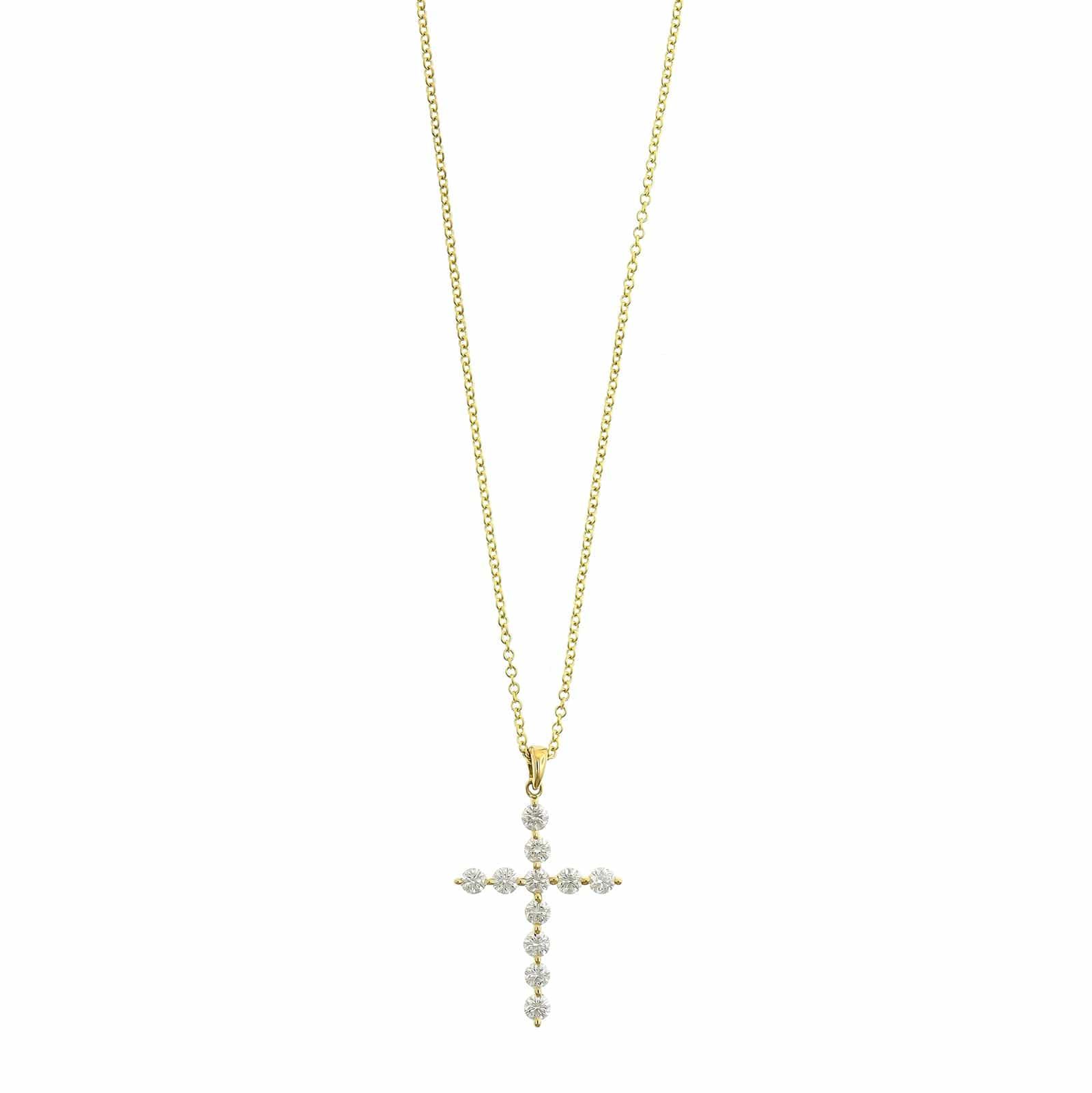 18K Yellow Gold Single Prong Round Diamond Cross Pendant Necklace