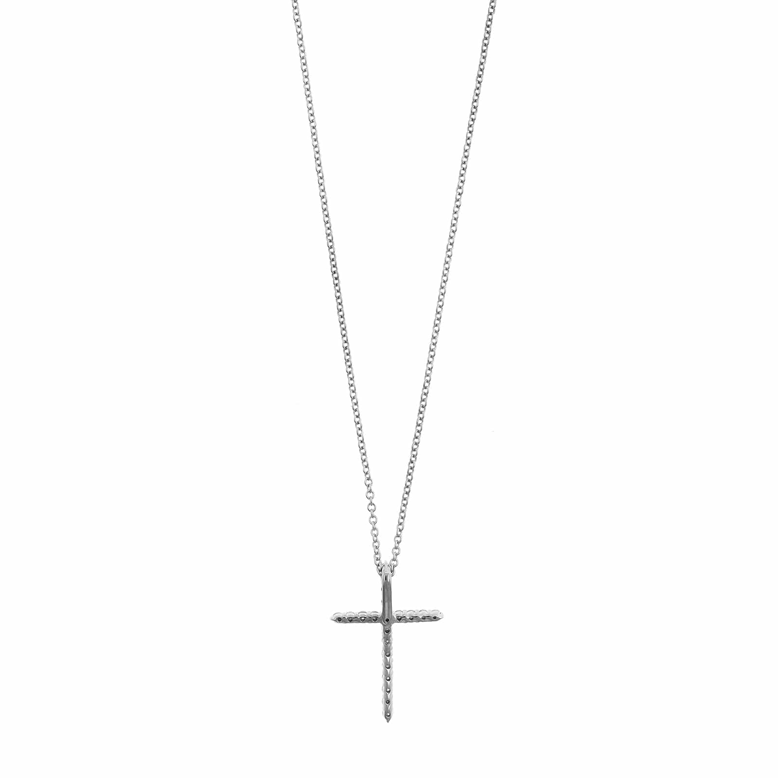 18K White Gold Shared Prong Round Diamond Cross Pendant Necklace - Image 2