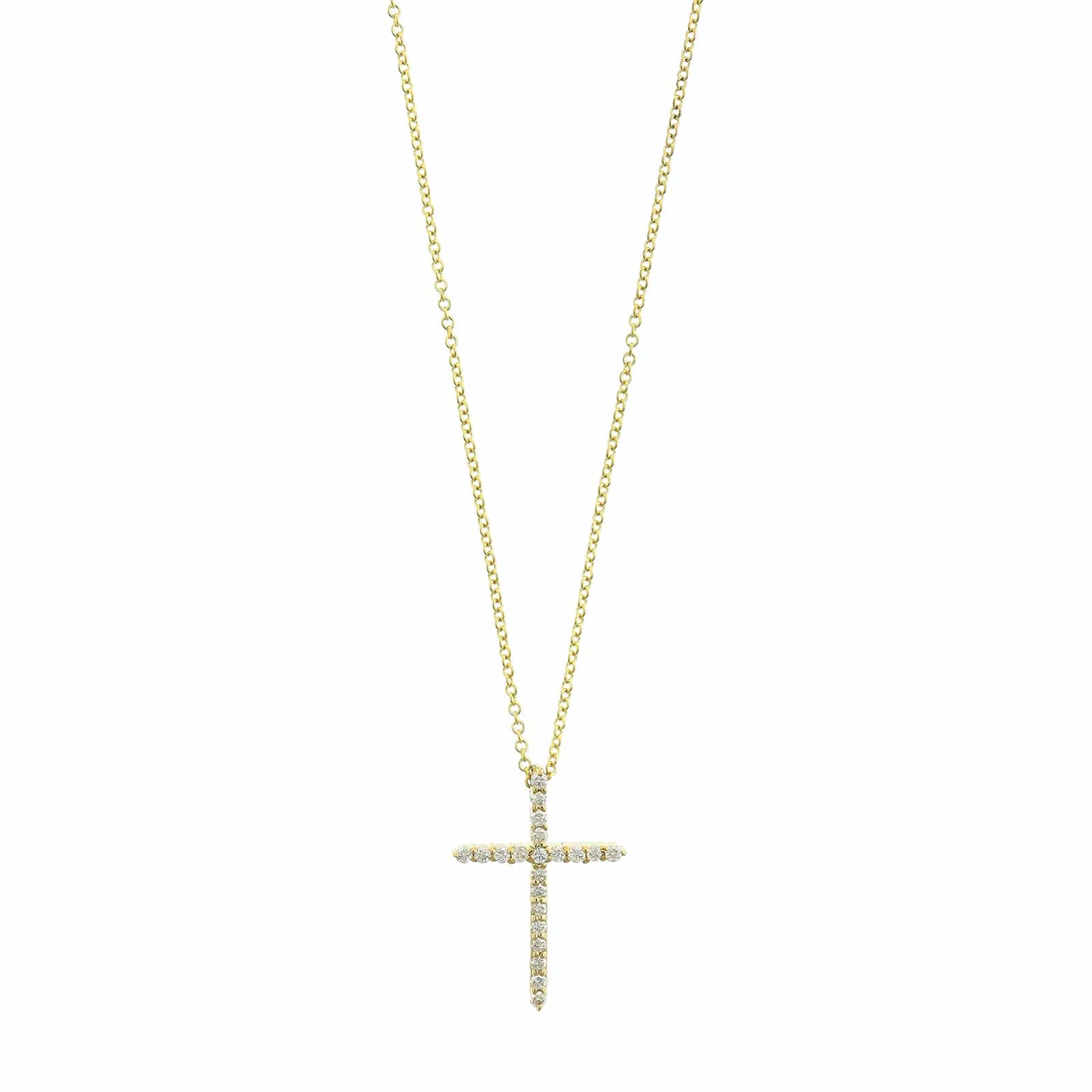 18K Yellow Gold Shared Prong Round Diamond Cross Pendant Necklace