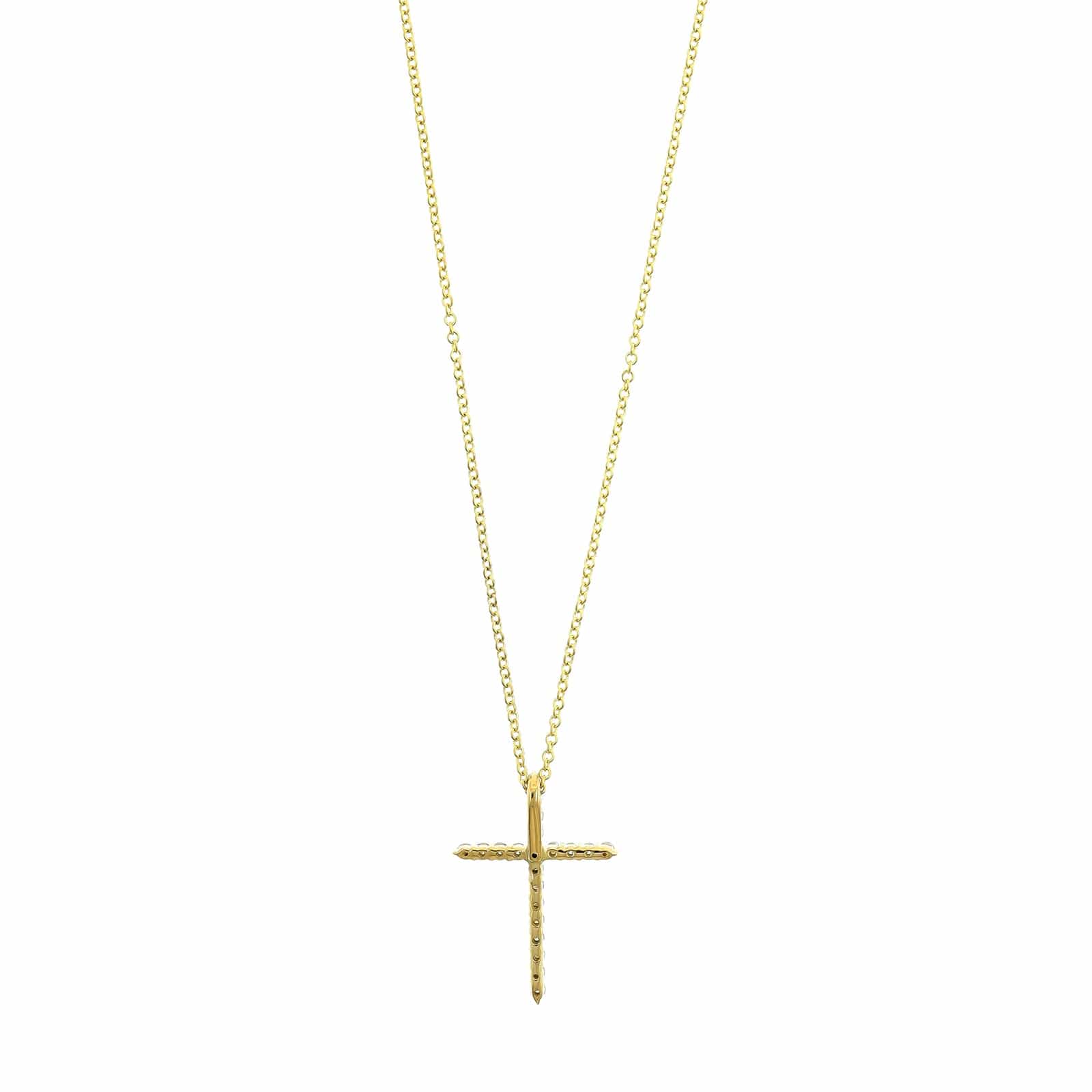 18K Yellow Gold Shared Prong Round Diamond Cross Pendant Necklace - Image 2