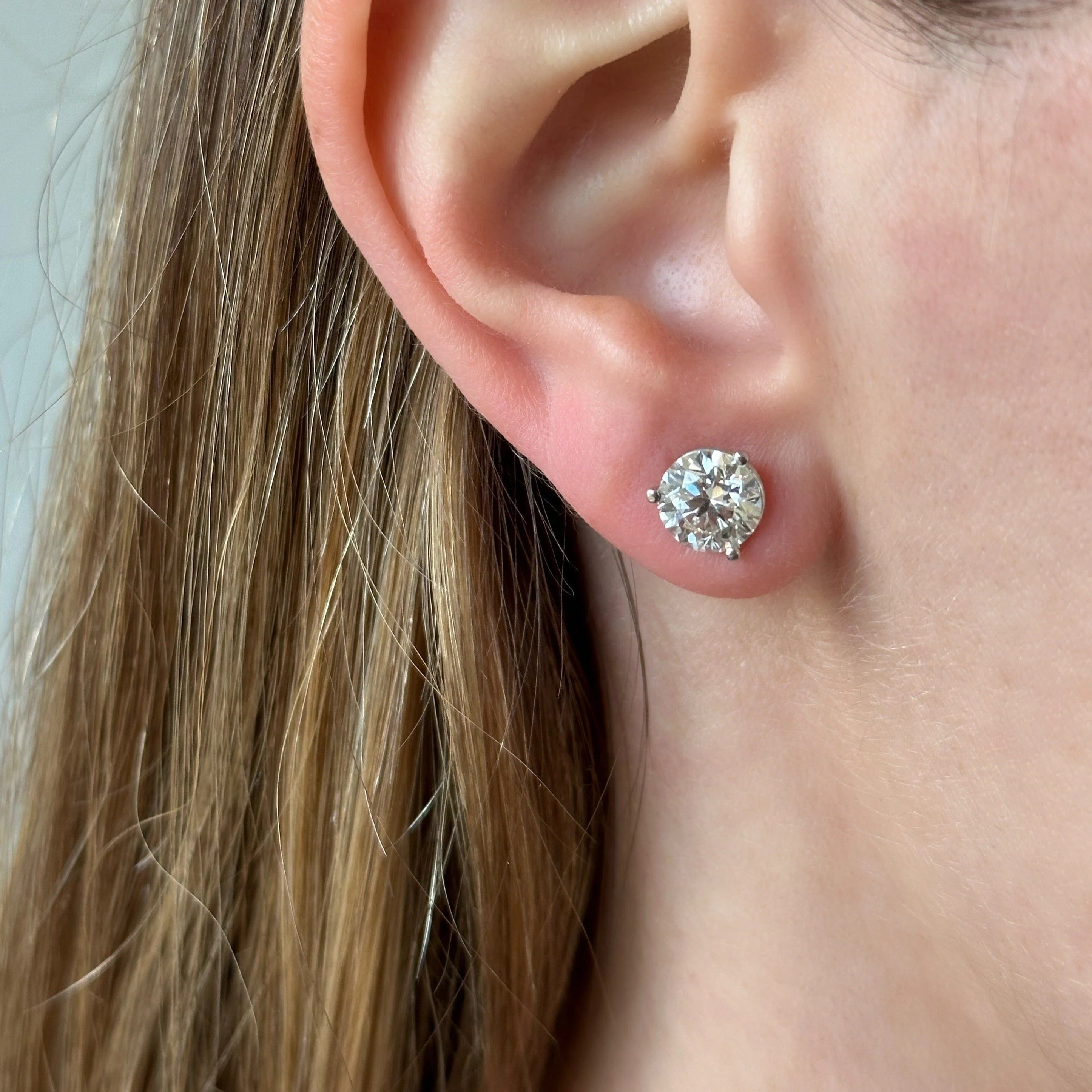14K White Gold 3 Prong 3CTW Diamond Stud Earrings - Image 2