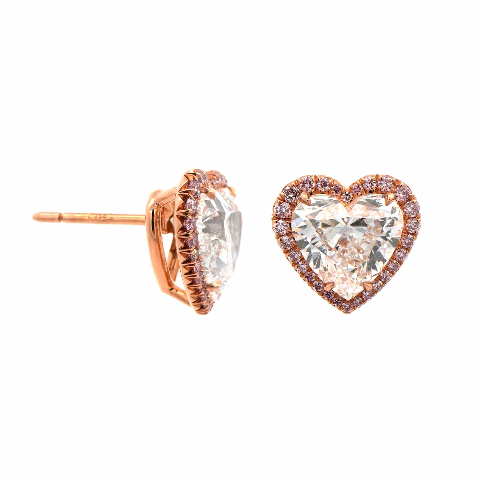 18K Rose Gold Heart Shaped Diamond Stud Earrings - Image 3