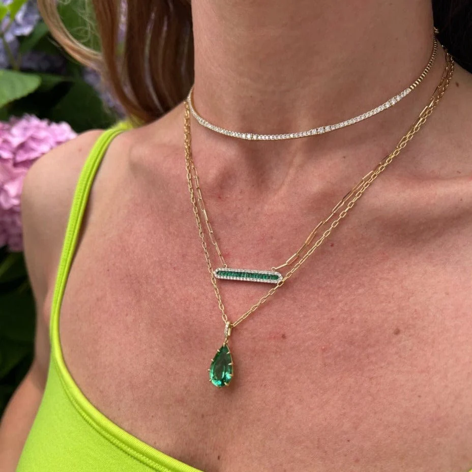14K Yellow Gold Emerald and Diamond Bar Necklace - Image 2