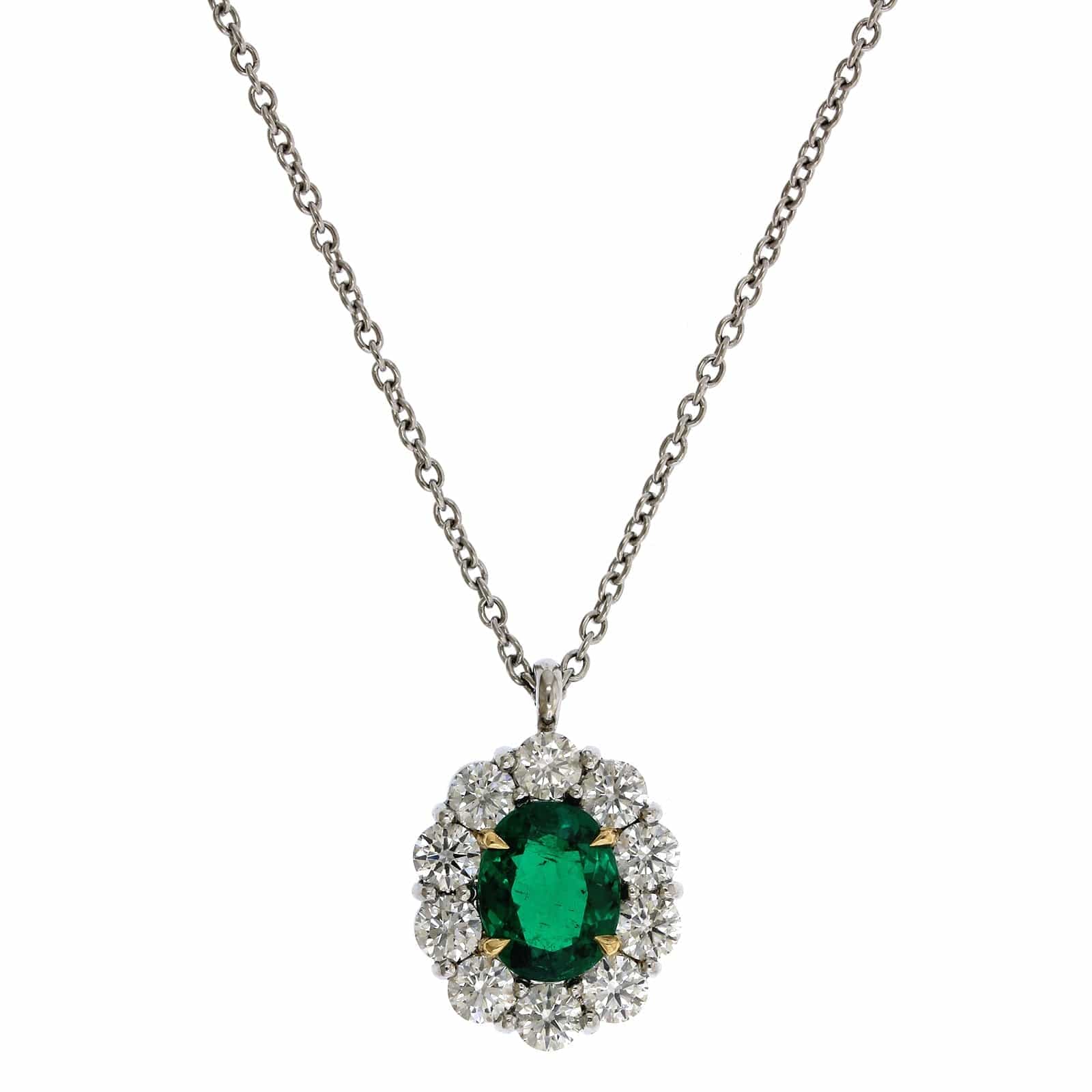 Platinum Oval Emerald Diamond Halo Pendant - Image 5