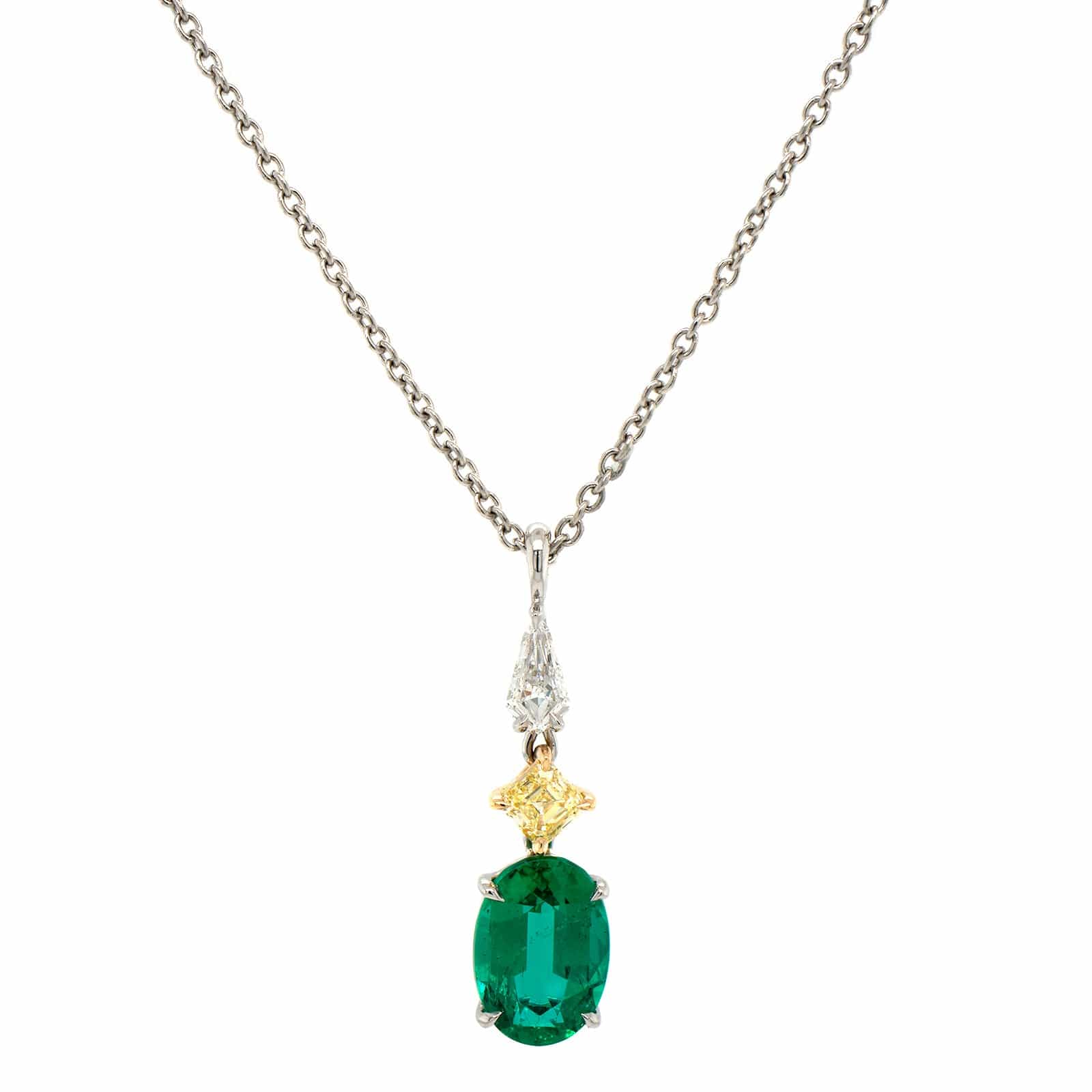 Platinum & 18K Yellow Gold Necklace with a Yellow Diamond & Emerald Pendant