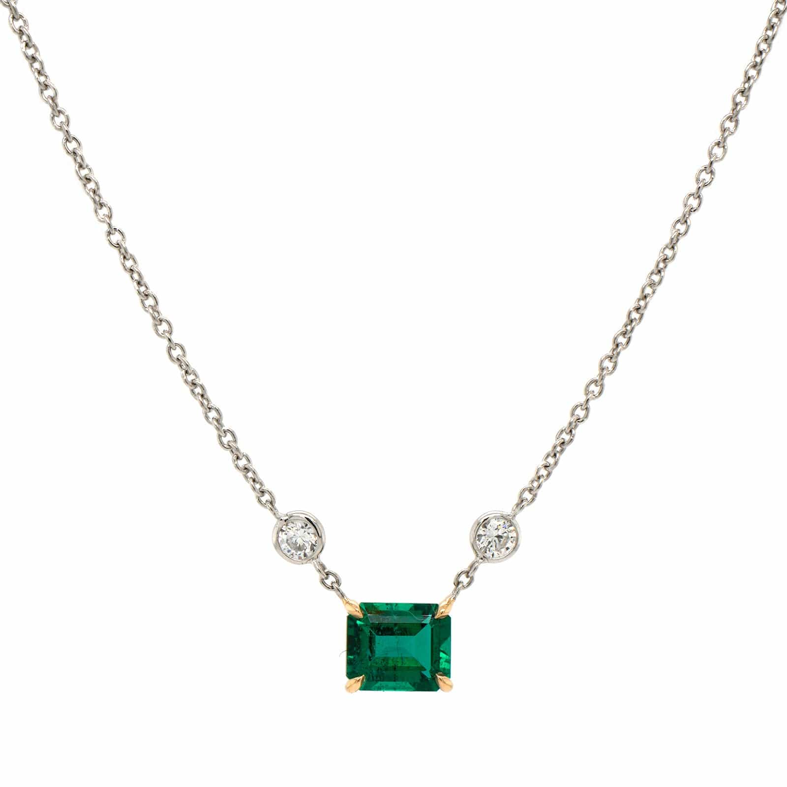 Platinum & 18K Yellow Gold Necklace with a Diamond & Emerald Pendant - Image 5