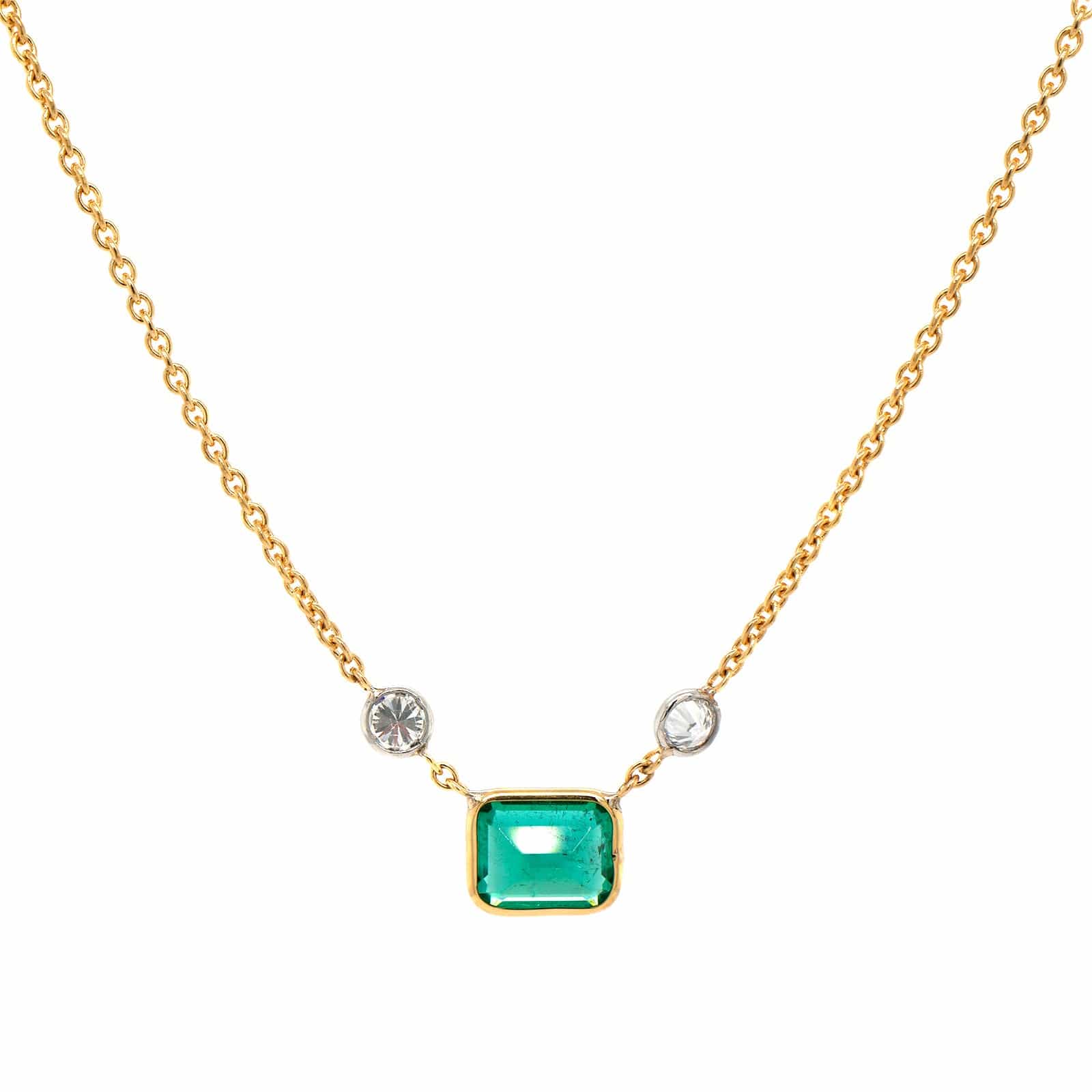 18K Yellow Gold & Platinum Diamond & Emerald Pendant Necklace - Image 2