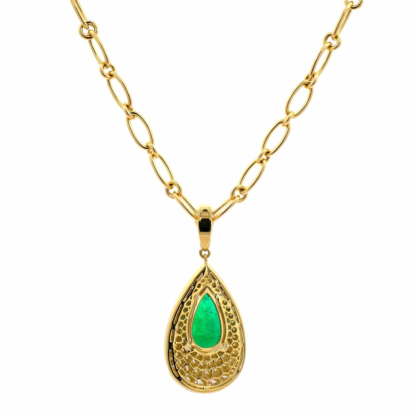 18K Yellow Gold Pear Shaped Emerald and Diamond Pendant Necklace - Image 2