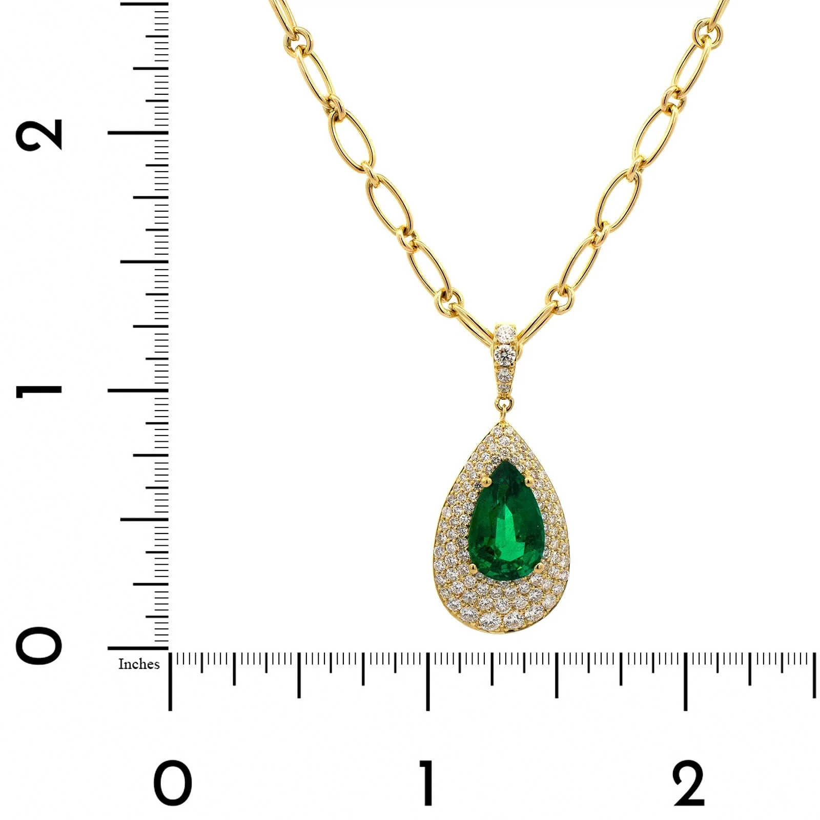 18K Yellow Gold Pear Shaped Emerald and Diamond Pendant Necklace - Image 4