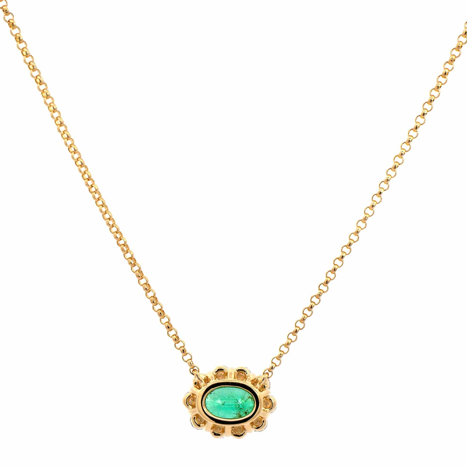 18K Yellow Gold Oval Emerald and Diamond Halo Pendant Necklace - Image 2