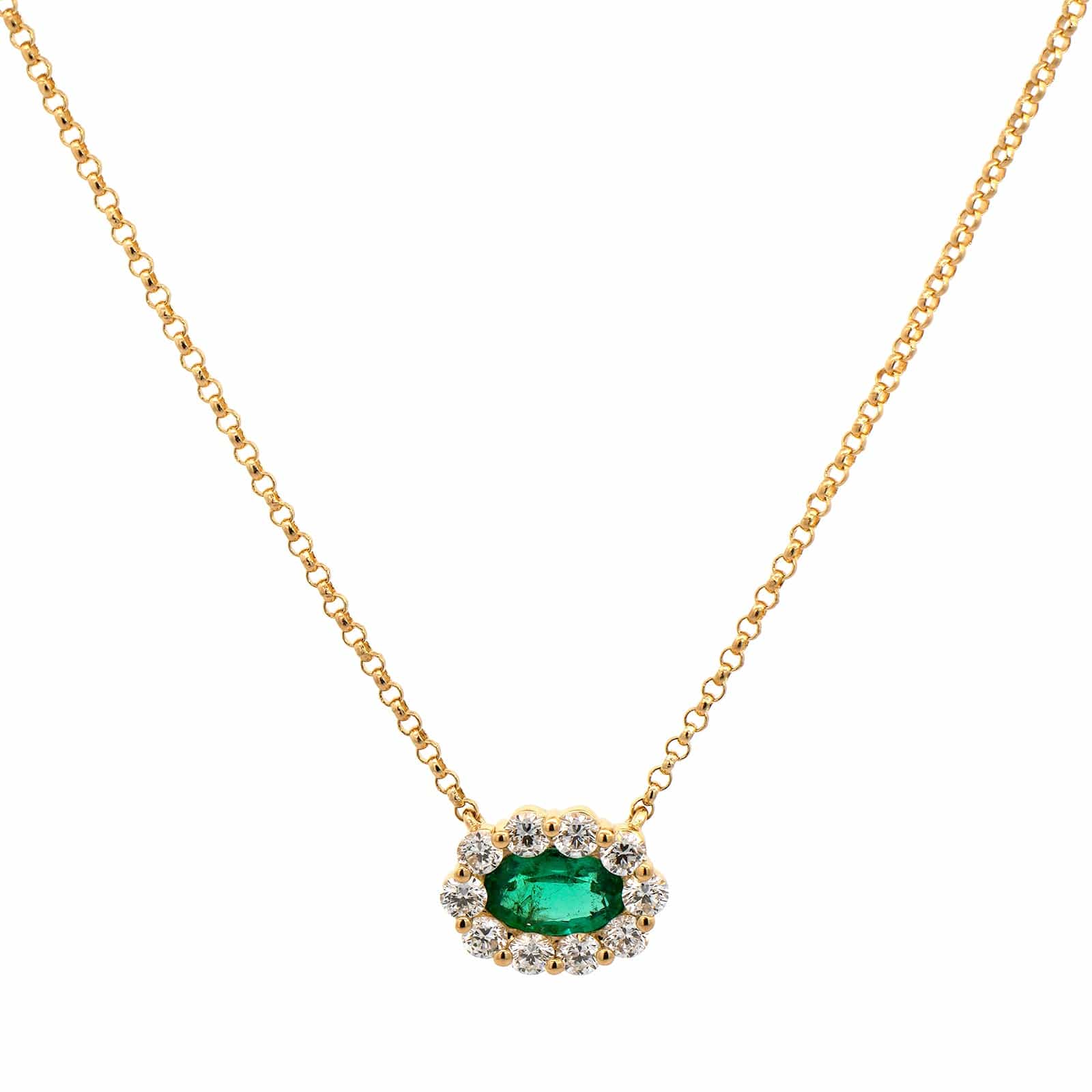 18K Yellow Gold Oval Emerald and Diamond Halo Pendant Necklace - Image 5