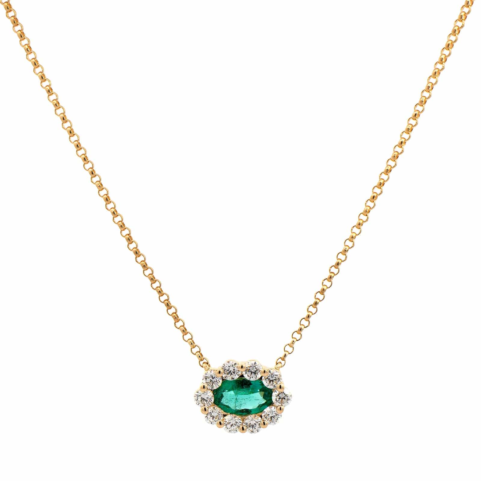 14K Yellow Gold Oval Emerald and Diamond Halo Necklace - Image 4