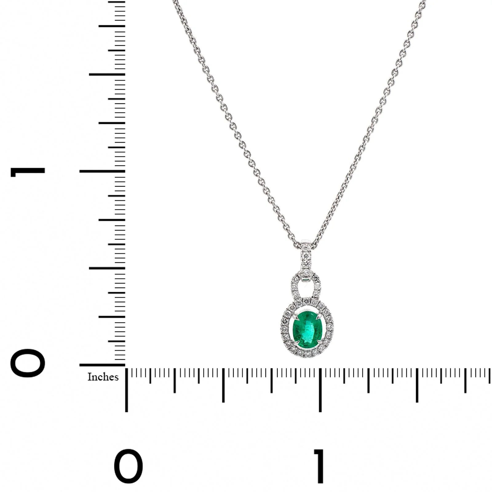 18K White Gold Oval Emerald and Diamond Halo Necklace - Image 4