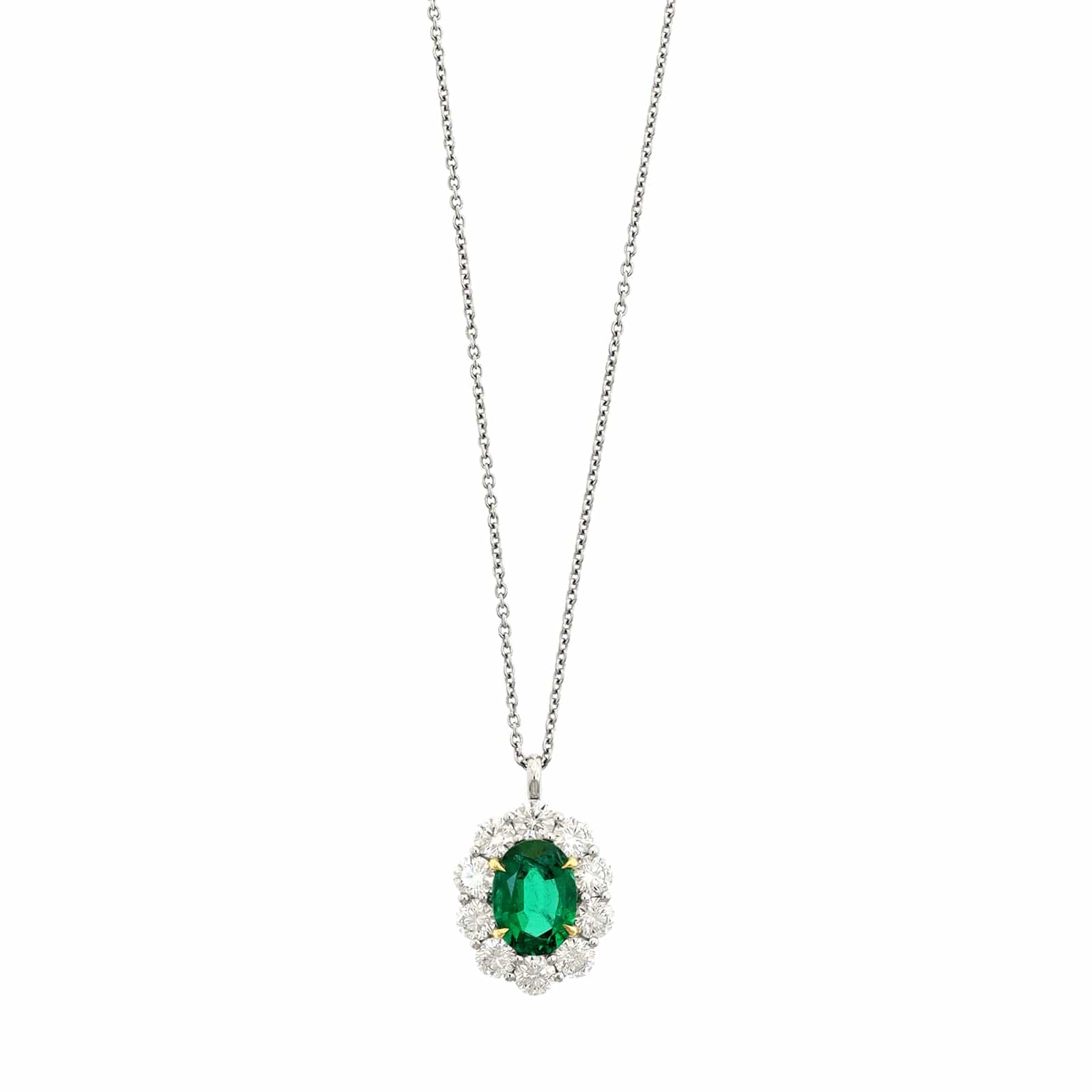 Platinum & 18K Yellow Gold Necklace with a Diamond & Emerald Pendant - Image 5