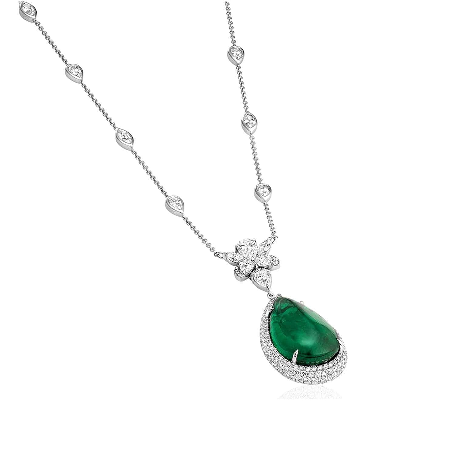 18K White Gold Cabochon Emerald and Diamond Pendant Necklace