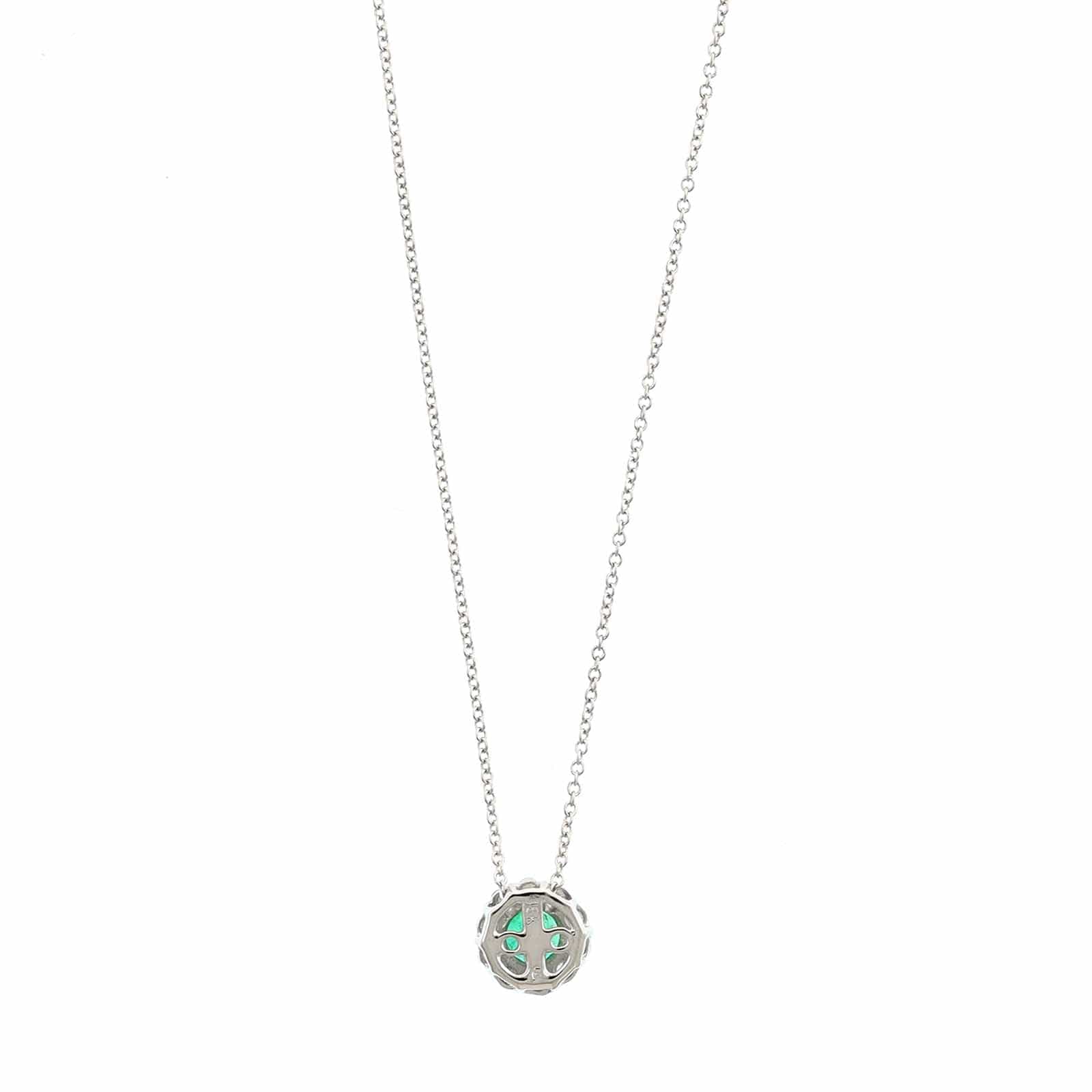 18K White Gold Round Emerald and Diamond Halo Necklace - Image 2