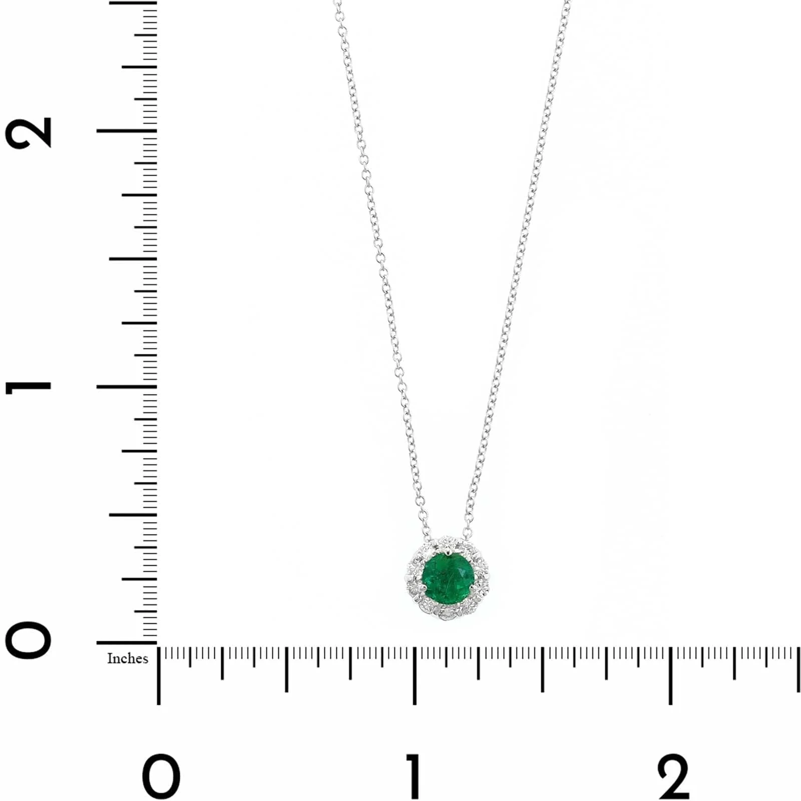 18K White Gold Round Emerald and Diamond Halo Necklace - Image 4