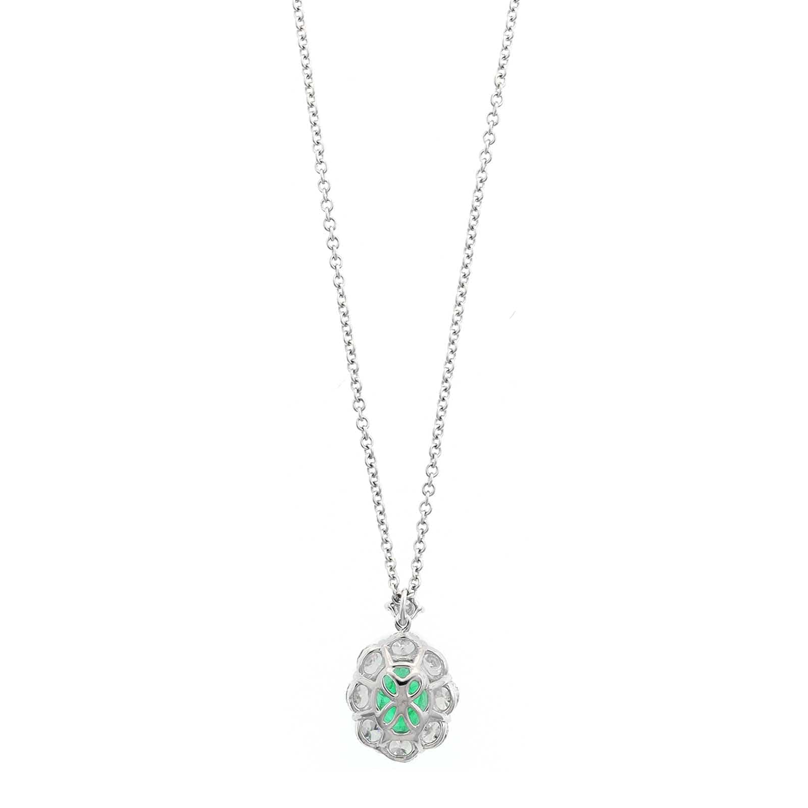 18K White Gold Oval Emerald and Diamond Halo Necklace - Image 2