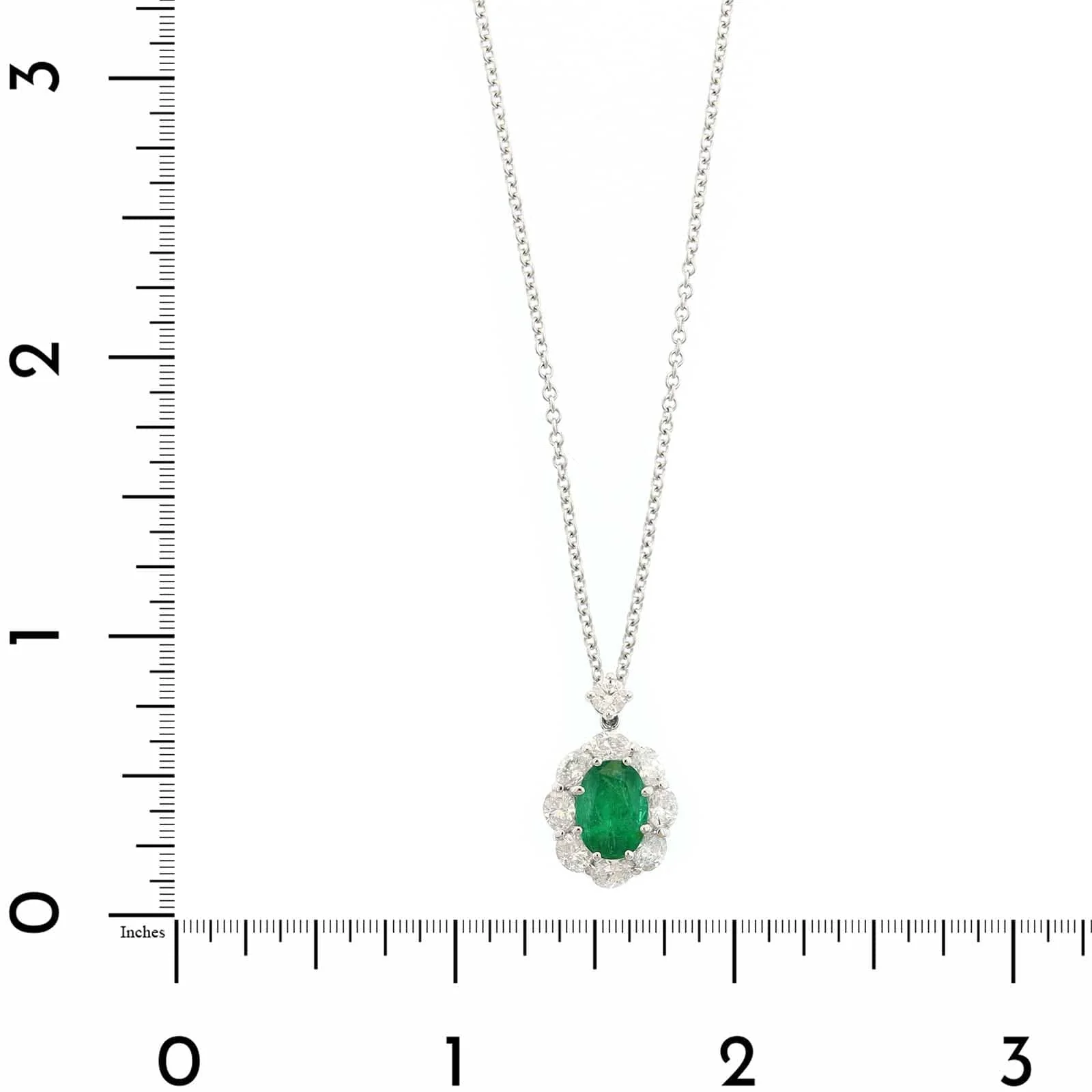 18K White Gold Oval Emerald and Diamond Halo Necklace - Image 4