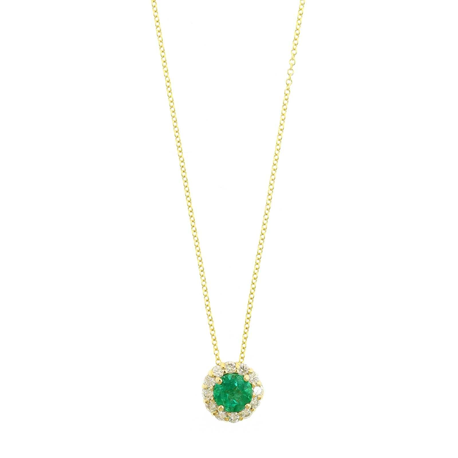 18K Yellow Gold Round Emerald and Diamond Halo Necklace