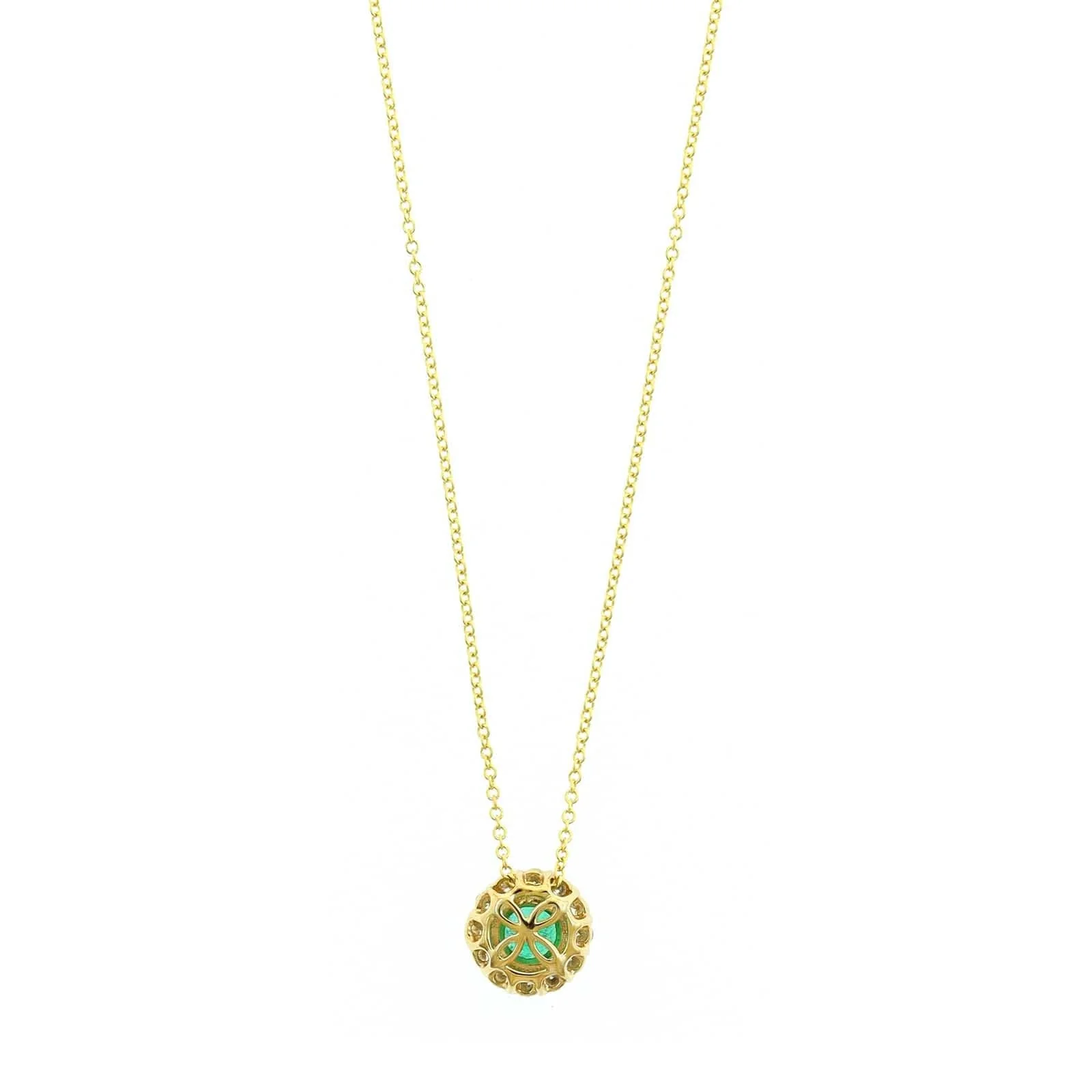 18K Yellow Gold Round Emerald and Diamond Halo Necklace - Image 2