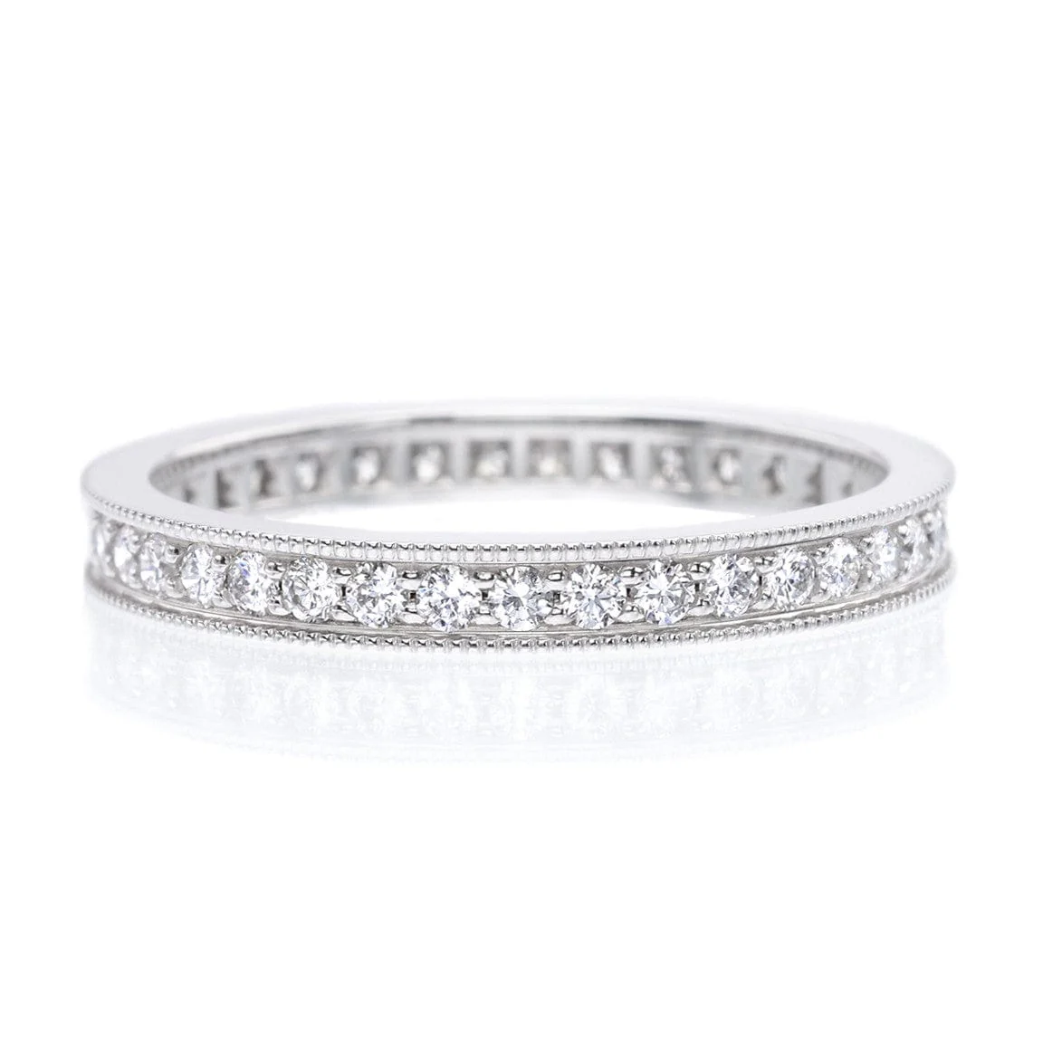 18K White Gold Bead Set Diamond Eternity Band with Milgrain