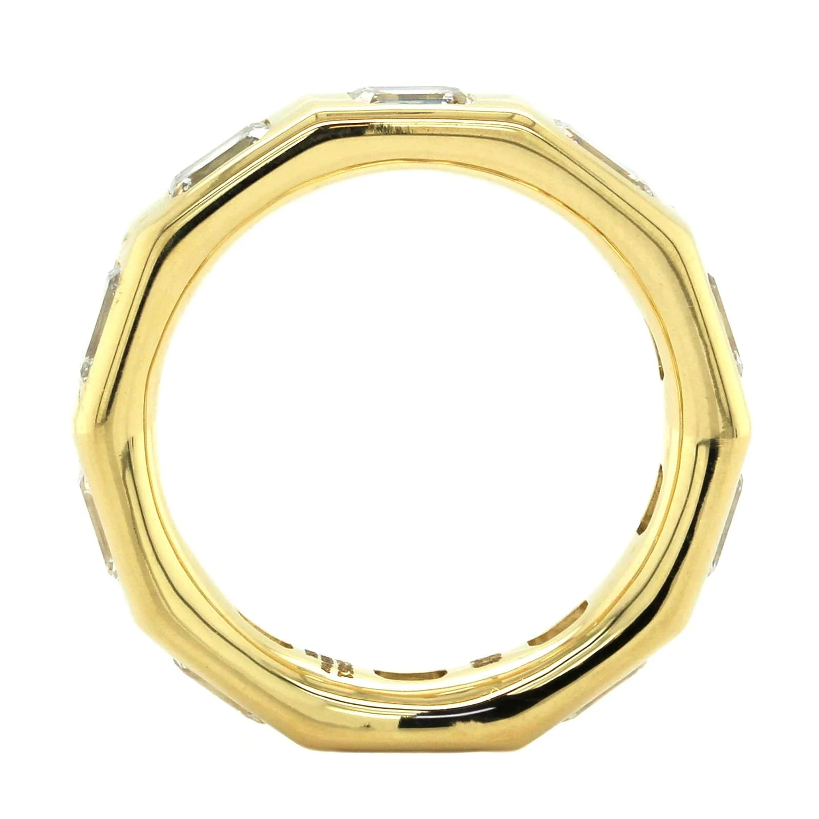 18K Yellow Gold Burnish Set Emerald Diamond Band - Image 3