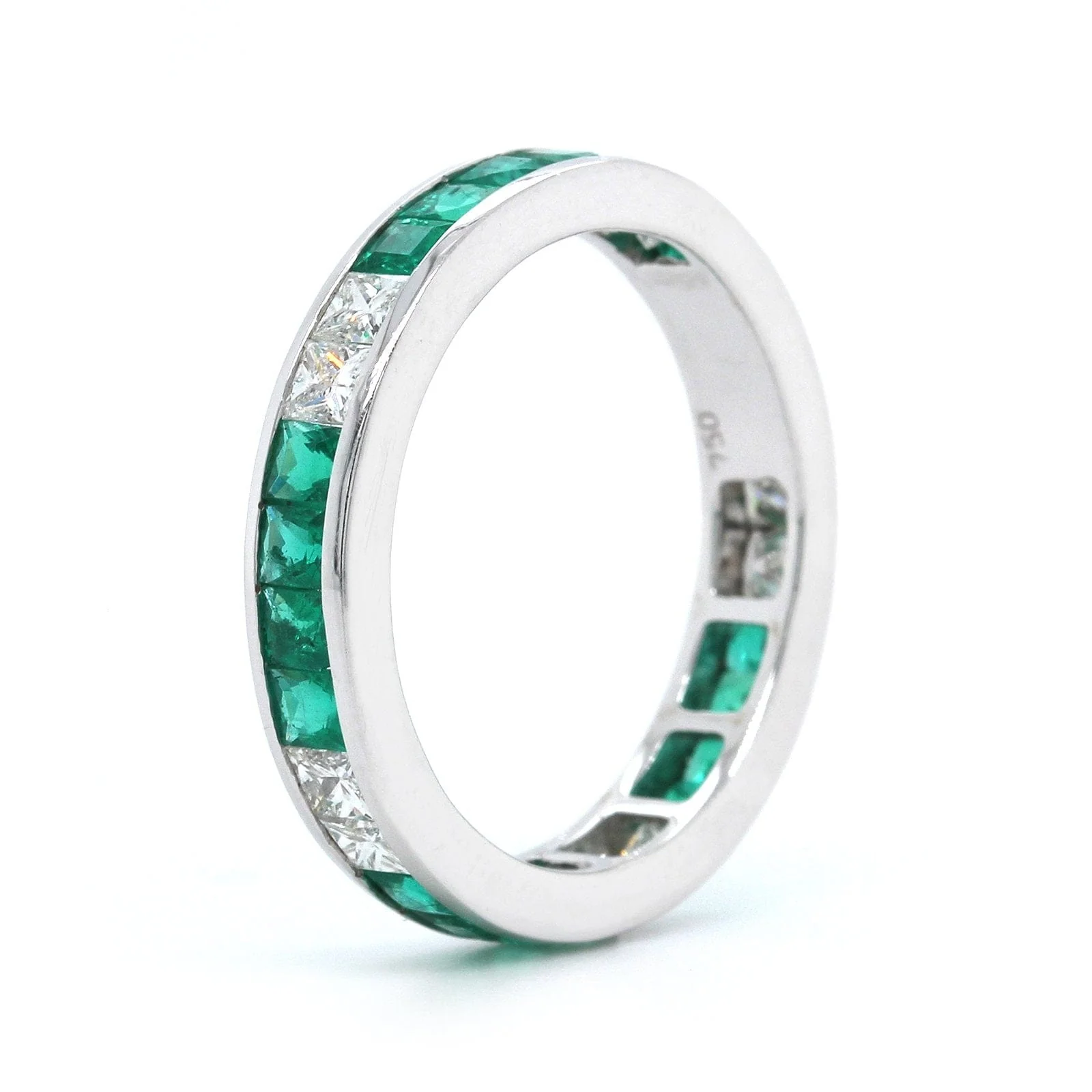 18K White Gold Channel Set Diamond and Emerald Eternity Band - Image 2