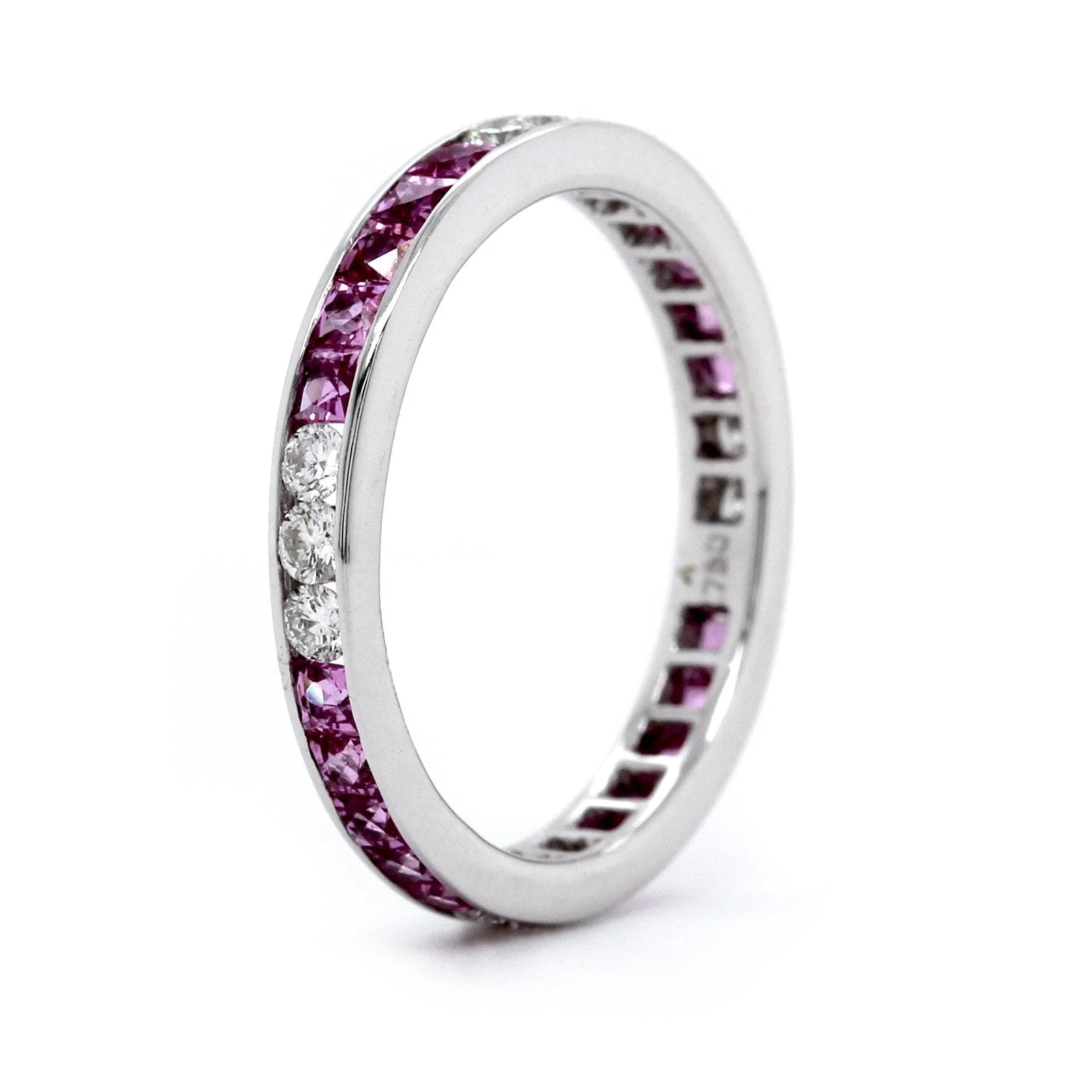 18K White Gold Channel Set Pink Sapphire and Diamond Band - Image 2