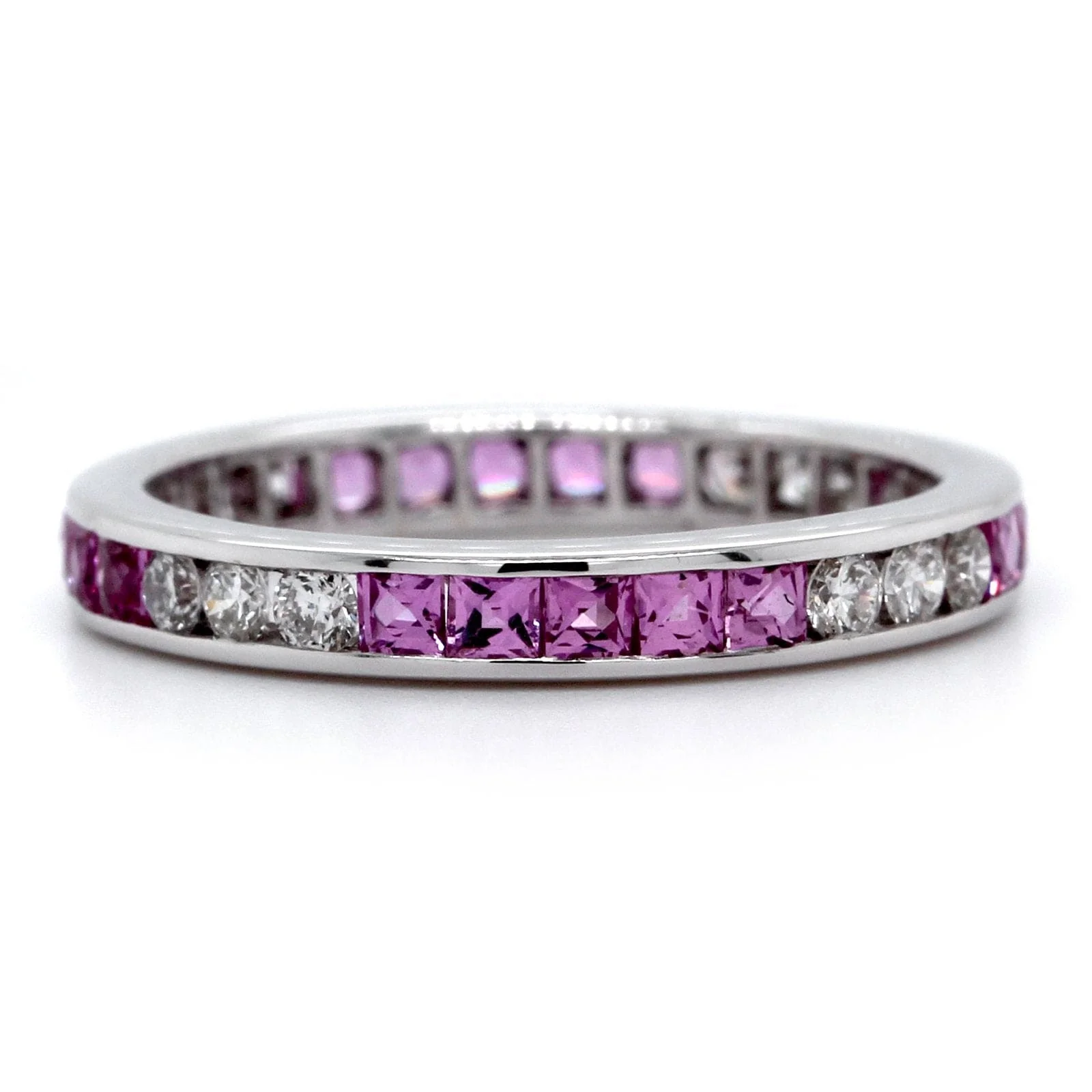 18K White Gold Channel Set Pink Sapphire and Diamond Band - Image 4