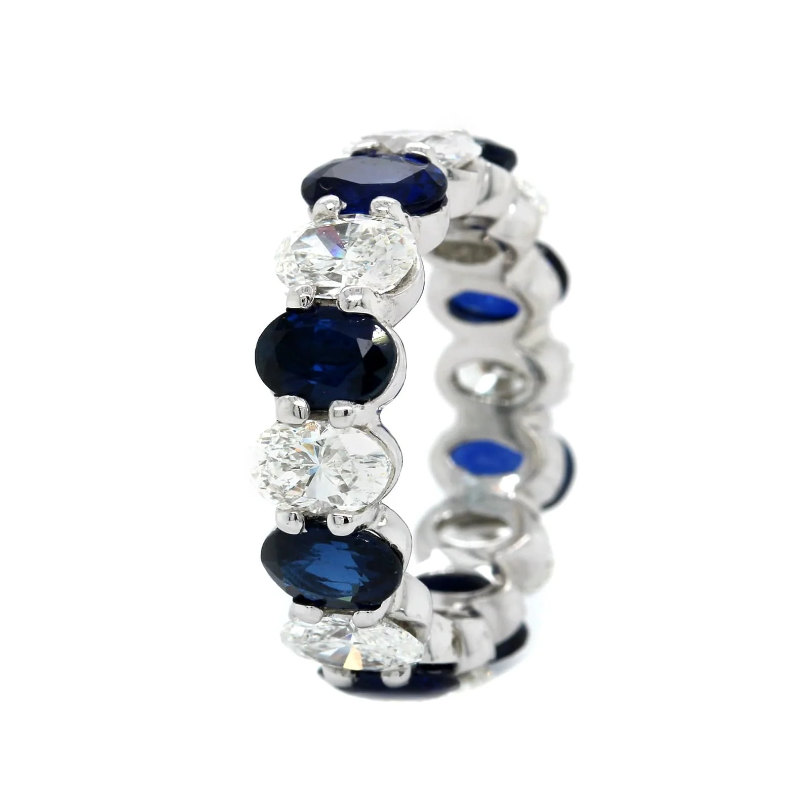 Platinum Shared Prong Alternating Oval Diamond and Sapphire Eternity Band - Image 2