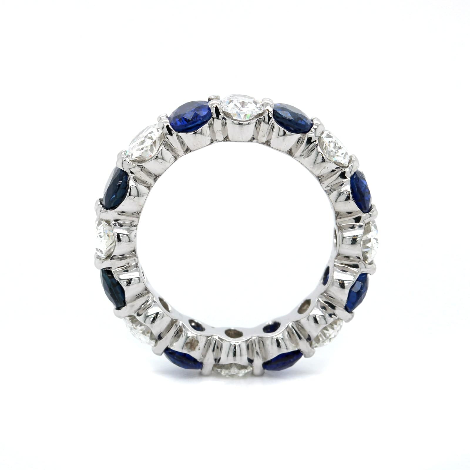 Platinum Shared Prong Alternating Oval Diamond and Sapphire Eternity Band - Image 3