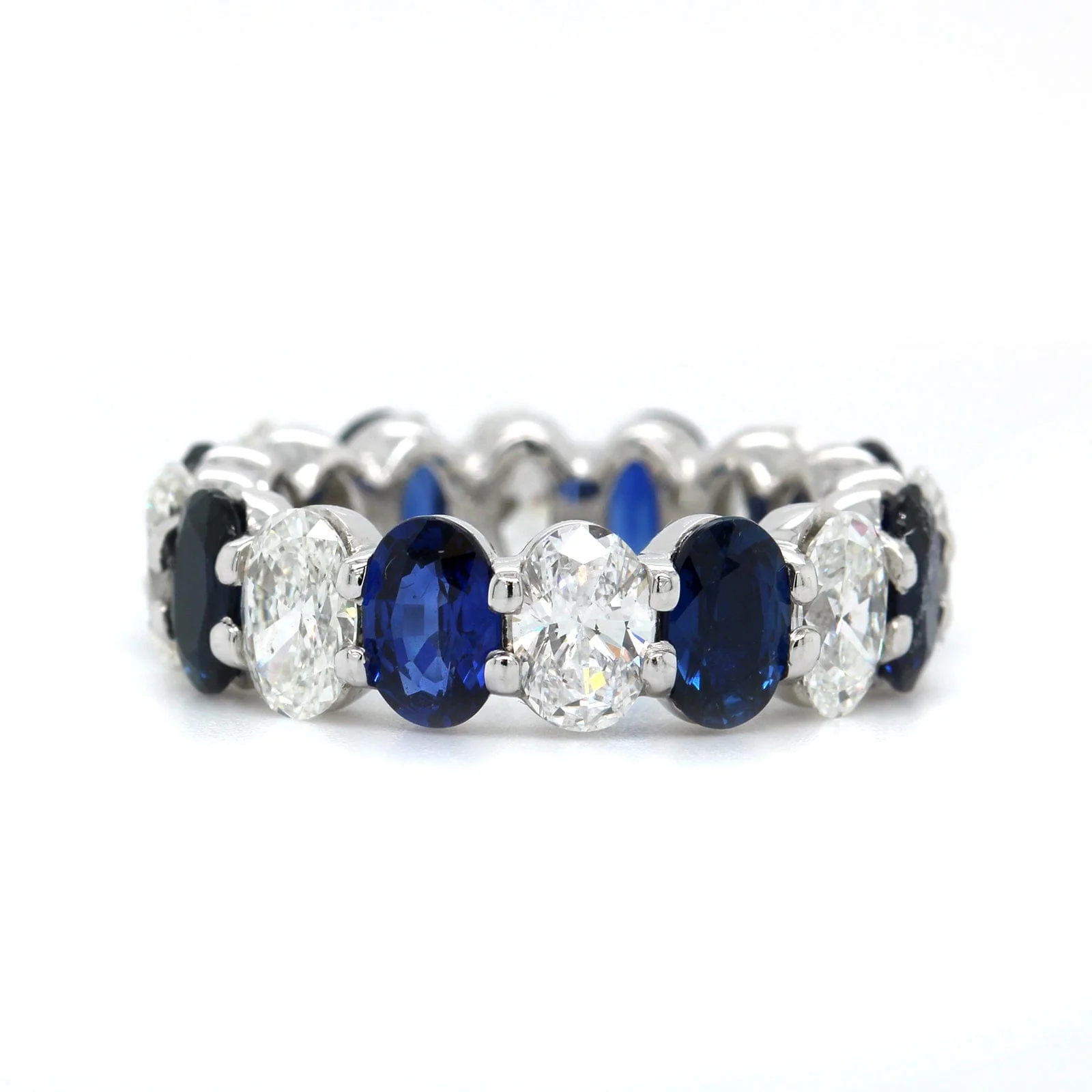 Platinum Shared Prong Alternating Oval Diamond and Sapphire Eternity Band - Image 5