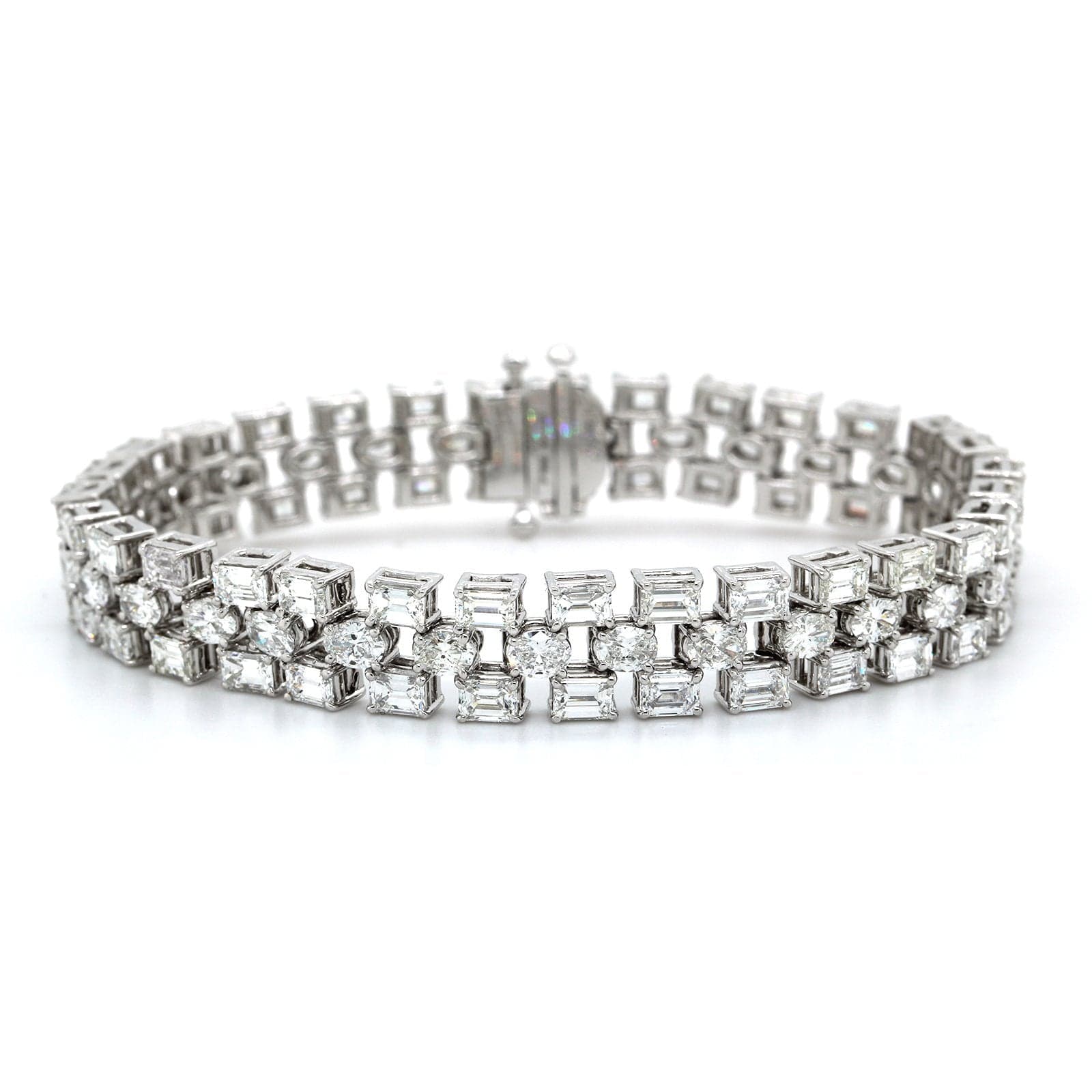 Platinum 3 Row Emerald and Oval Cut Diamond Bracelet - Image 4