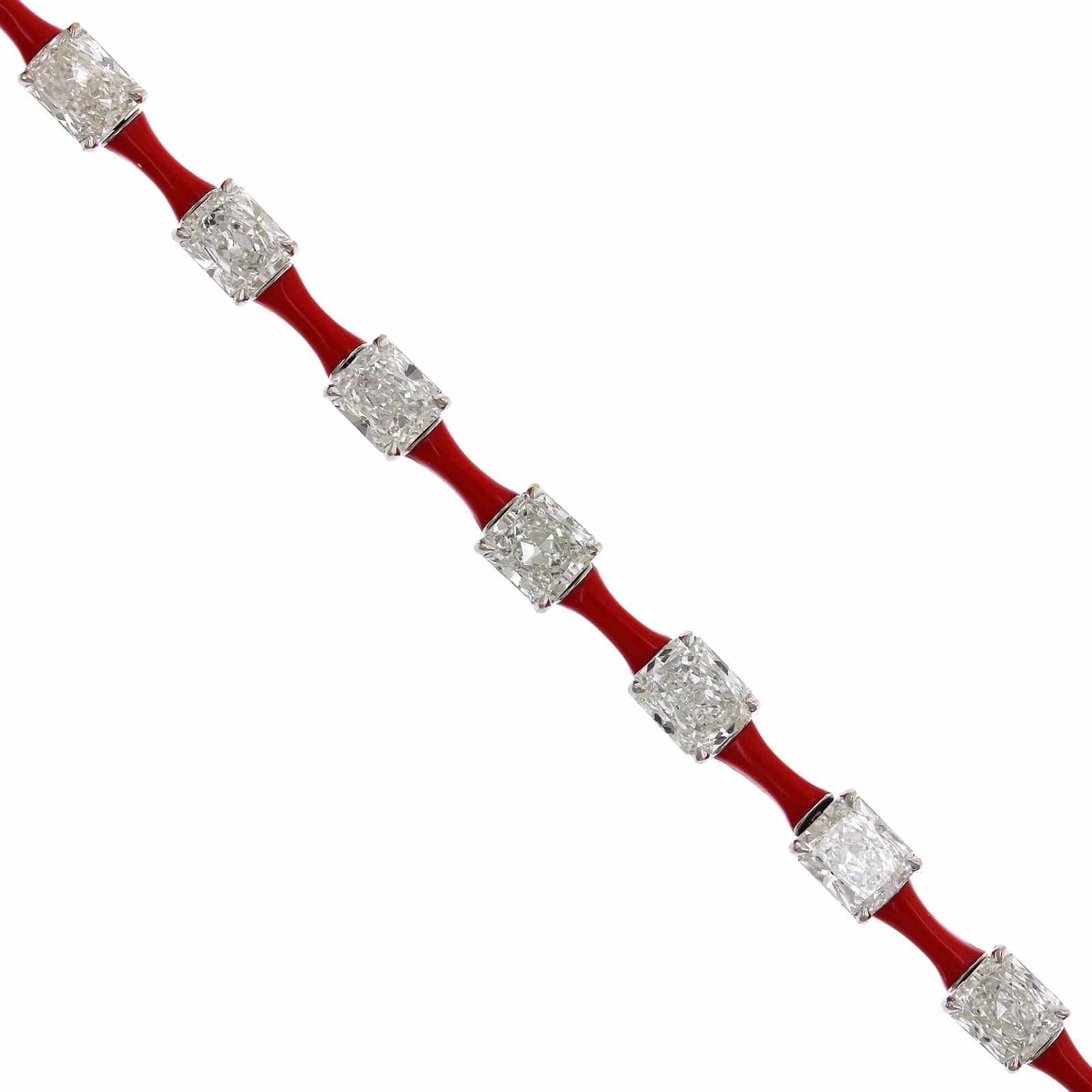 Etho Maria 18K White Gold Alternating Emerald Cut Diamond Red Ceramic Bracelet - Image 3