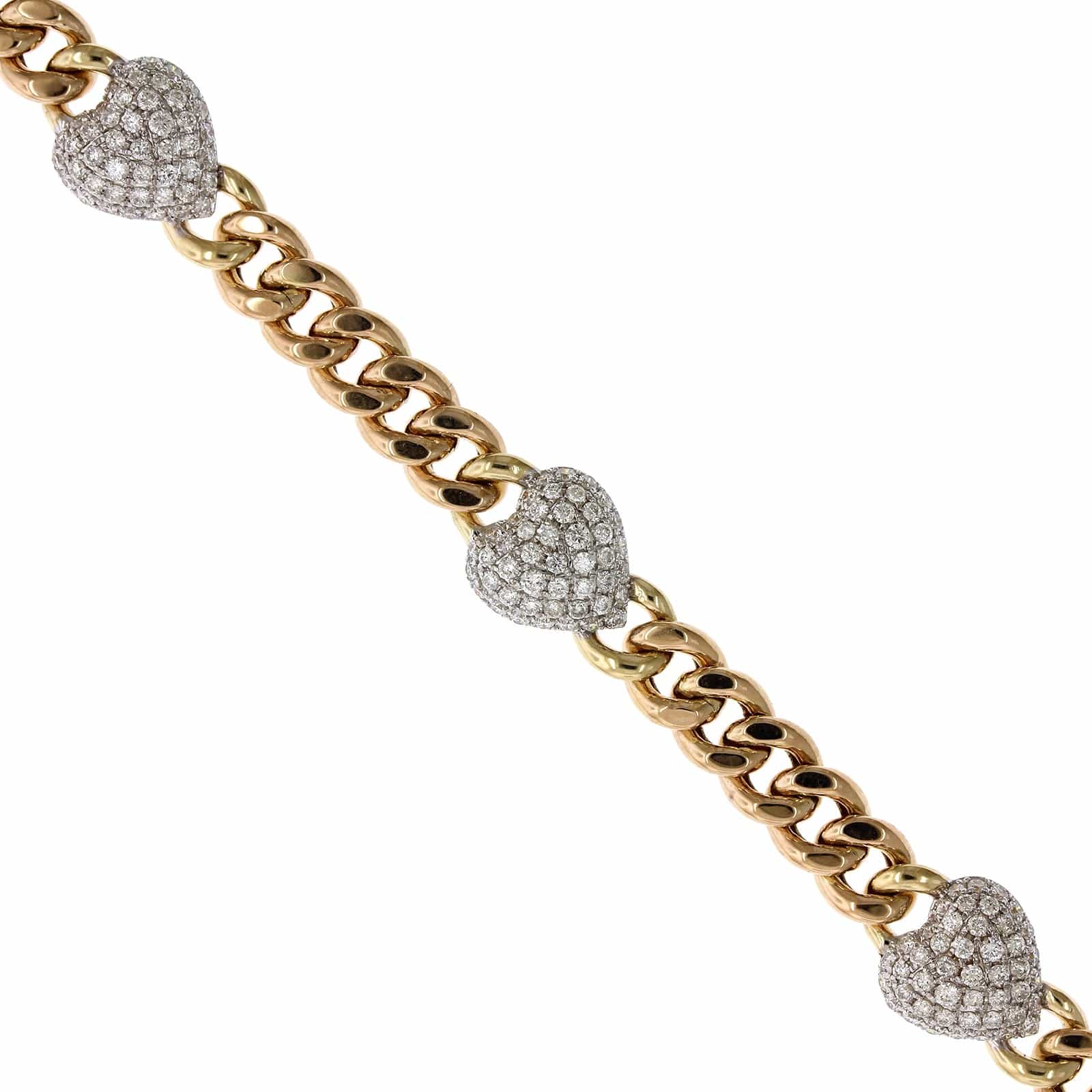 14K Yellow Gold Pave Diamond Heart Curb Link Bracelet - Image 3