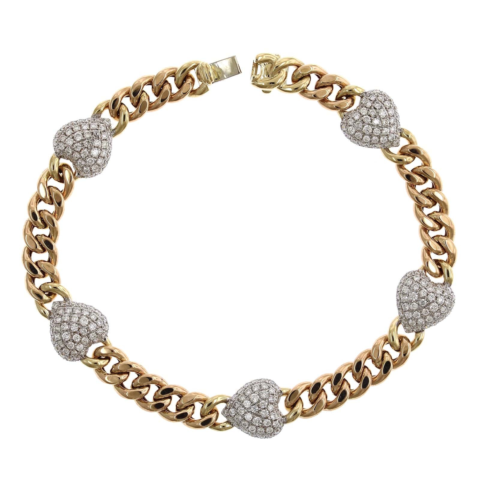 14K Yellow Gold Pave Diamond Heart Curb Link Bracelet - Image 5