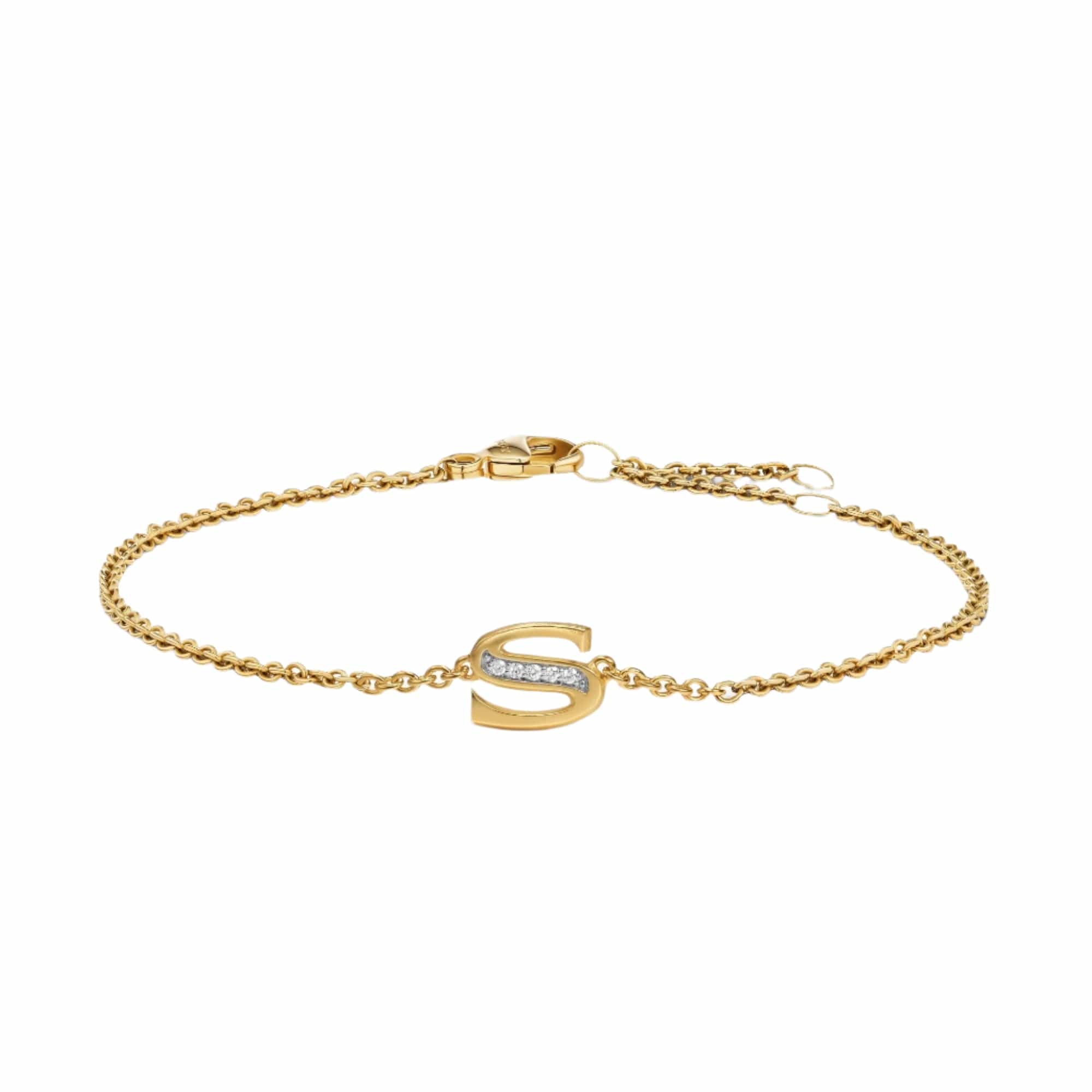 Petite Pavé Initial Chain Bracelet 18K Yellow Gold with Diamond S
