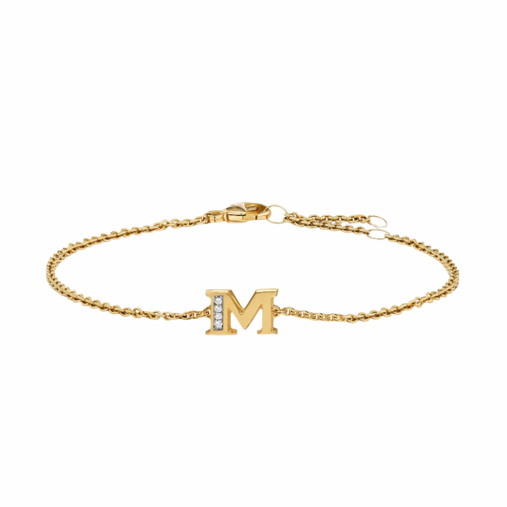 Petite Pavé Initial Chain Bracelet 18K Yellow Gold with Diamond M