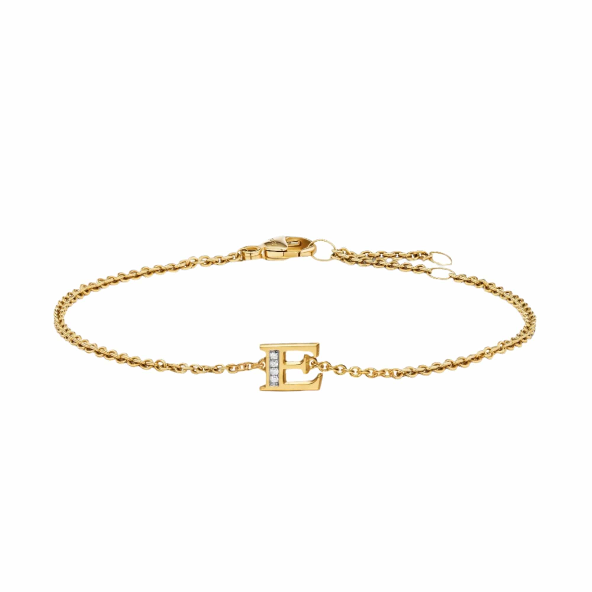 Petite Pavé Initial Chain Bracelet 18K Yellow Gold with Diamond E