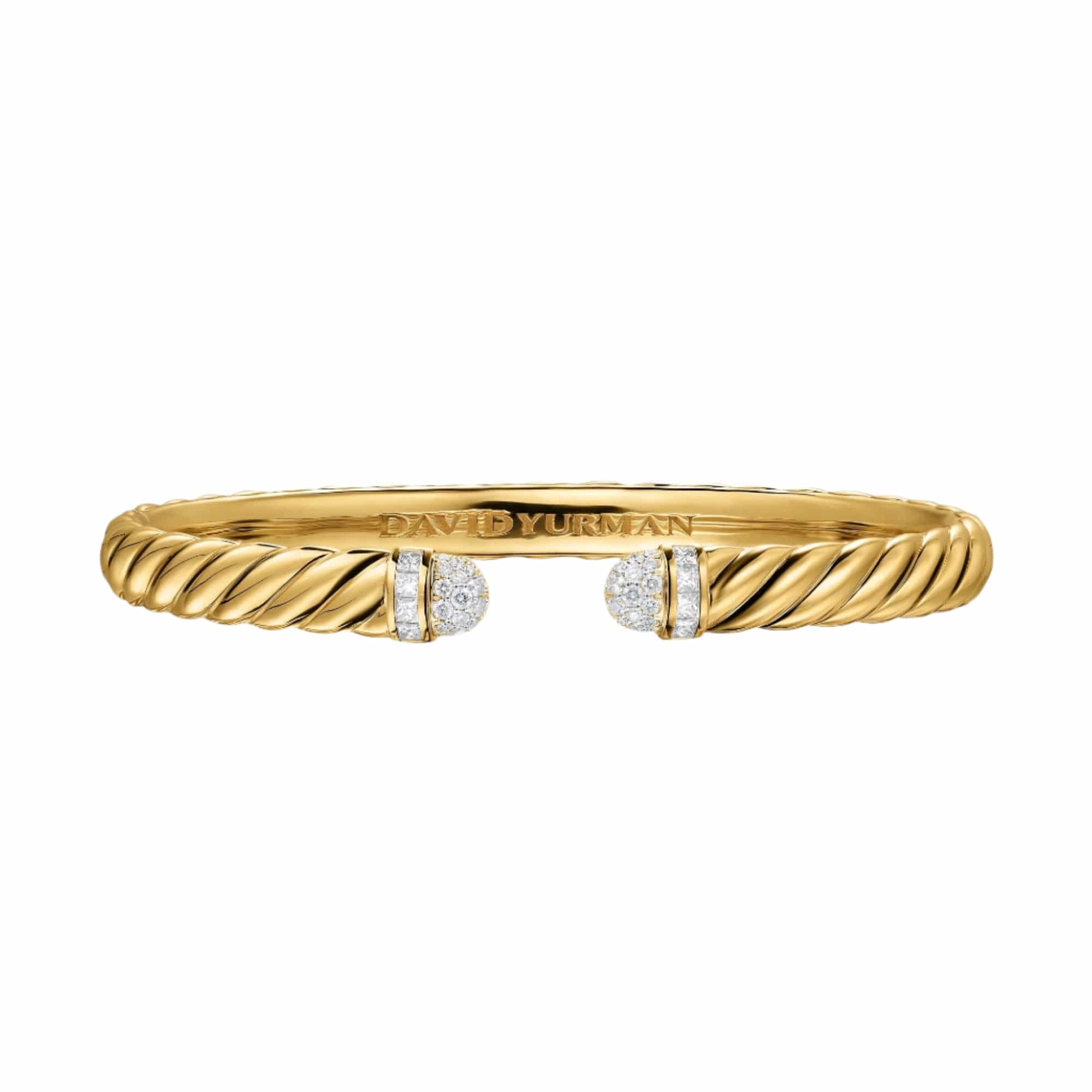 Sculpted Cable Cuff Bracelet 18K Yellow Gold with Pavé Diamond Domes, 6.2mm