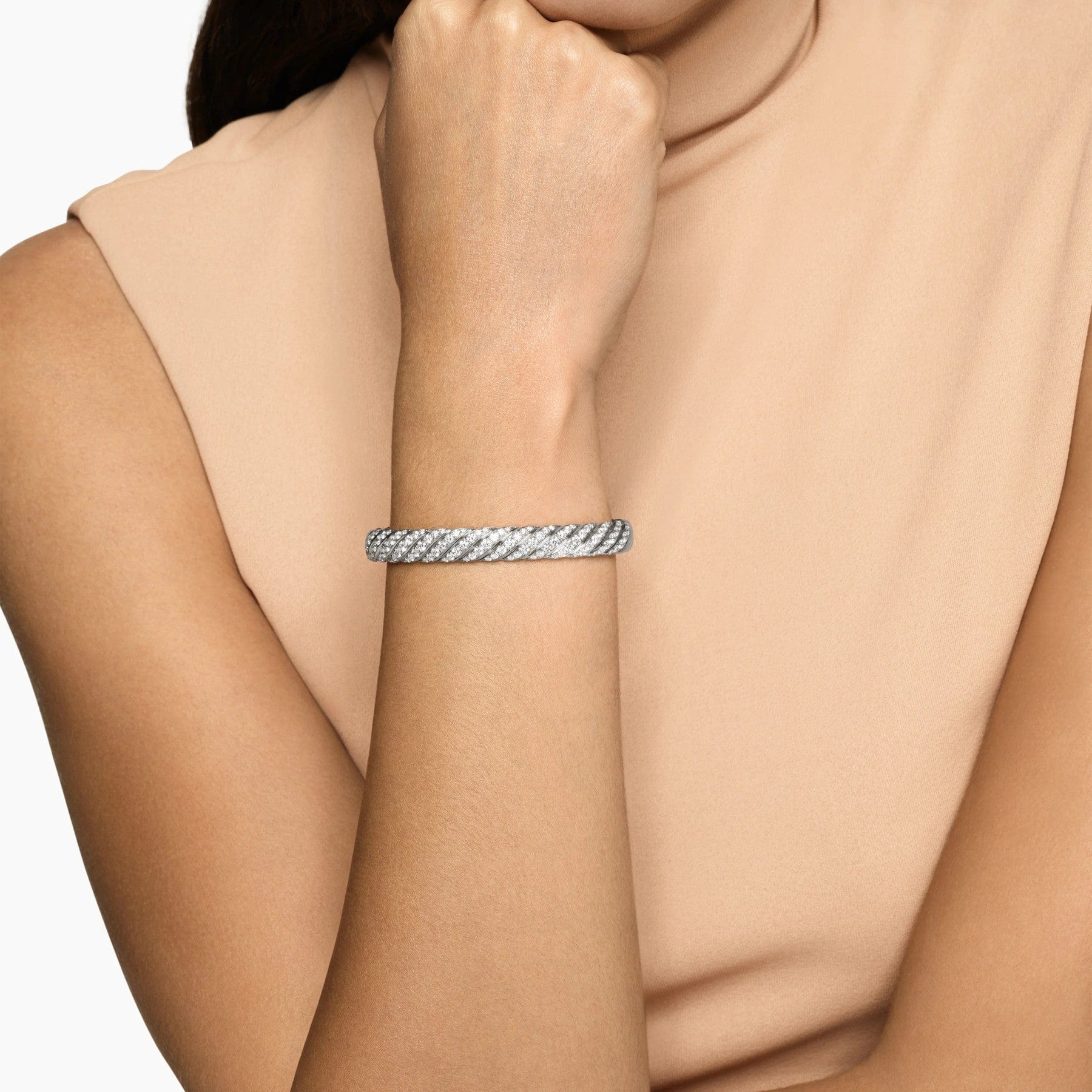 Sculpted Cable Bangle Bracelet 18K White Gold with Diamonds, 8mm - Image 2