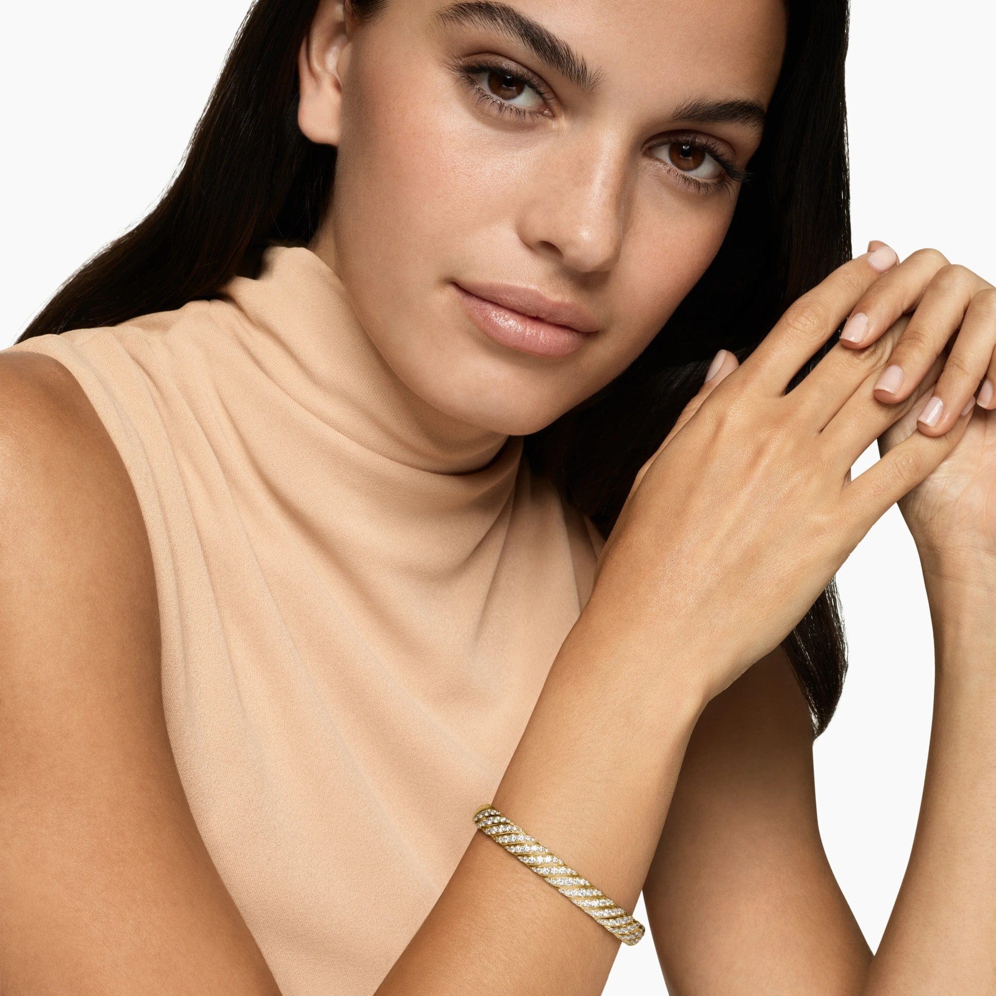 Sculpted Cable Bangle Bracelet 18K Yellow Gold with Diamonds, 8mm - Image 3