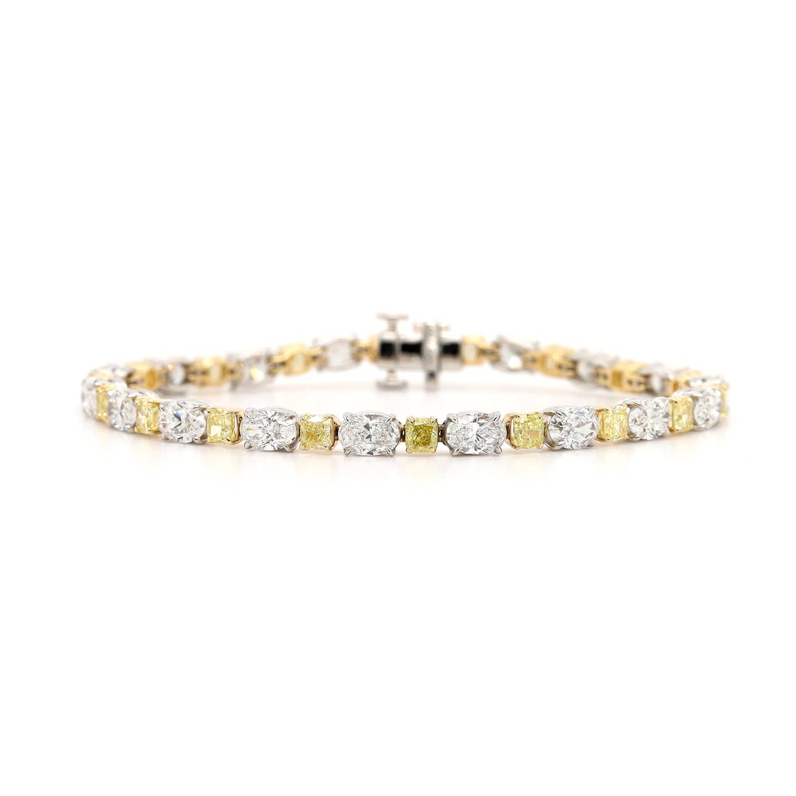 18K Yellow Gold and Platinum Oval and Cushion Cut Diamond Tennis Bracelet - Image 4