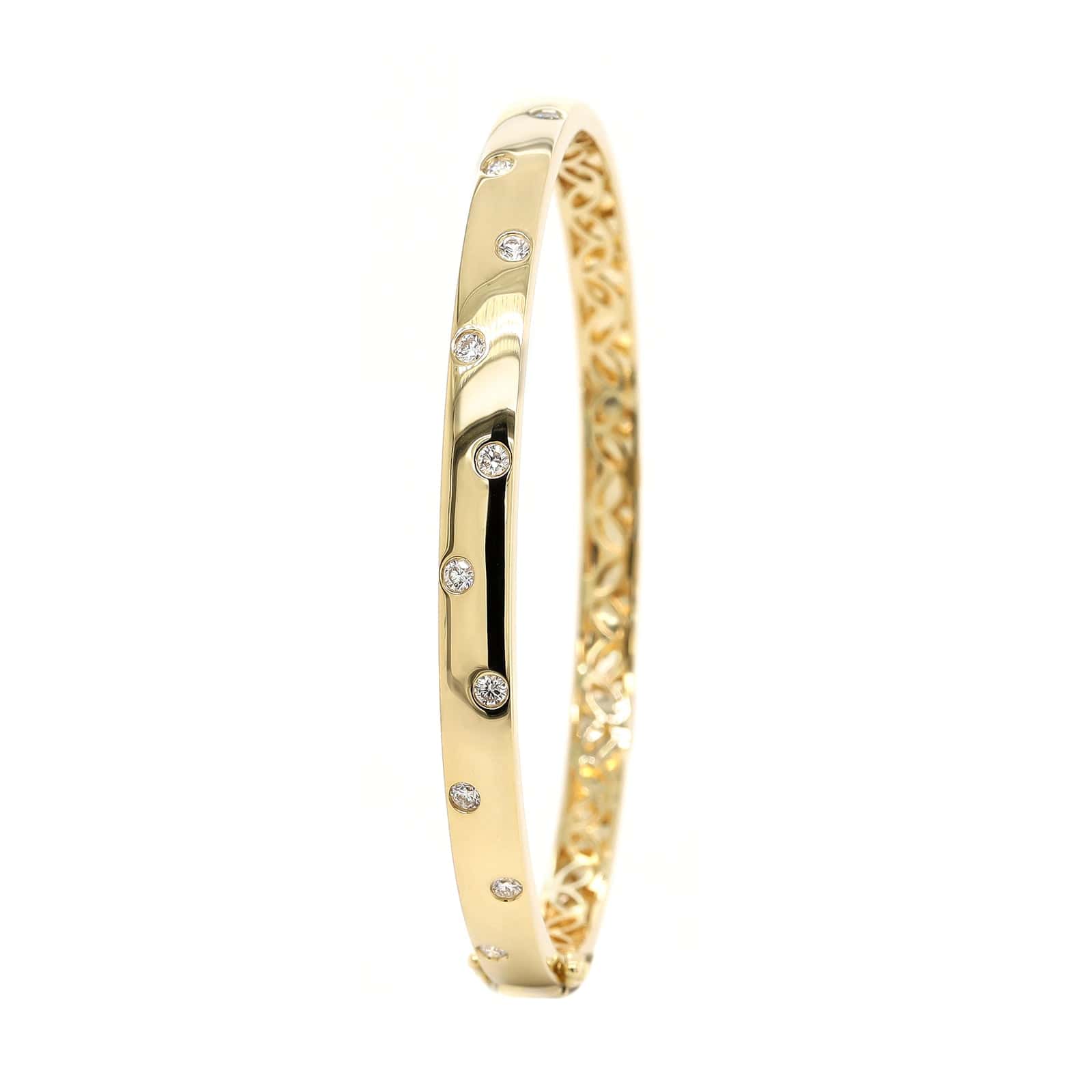 14K Yellow Gold Burnished Set Diamond Bangle Bracelet - Image 2