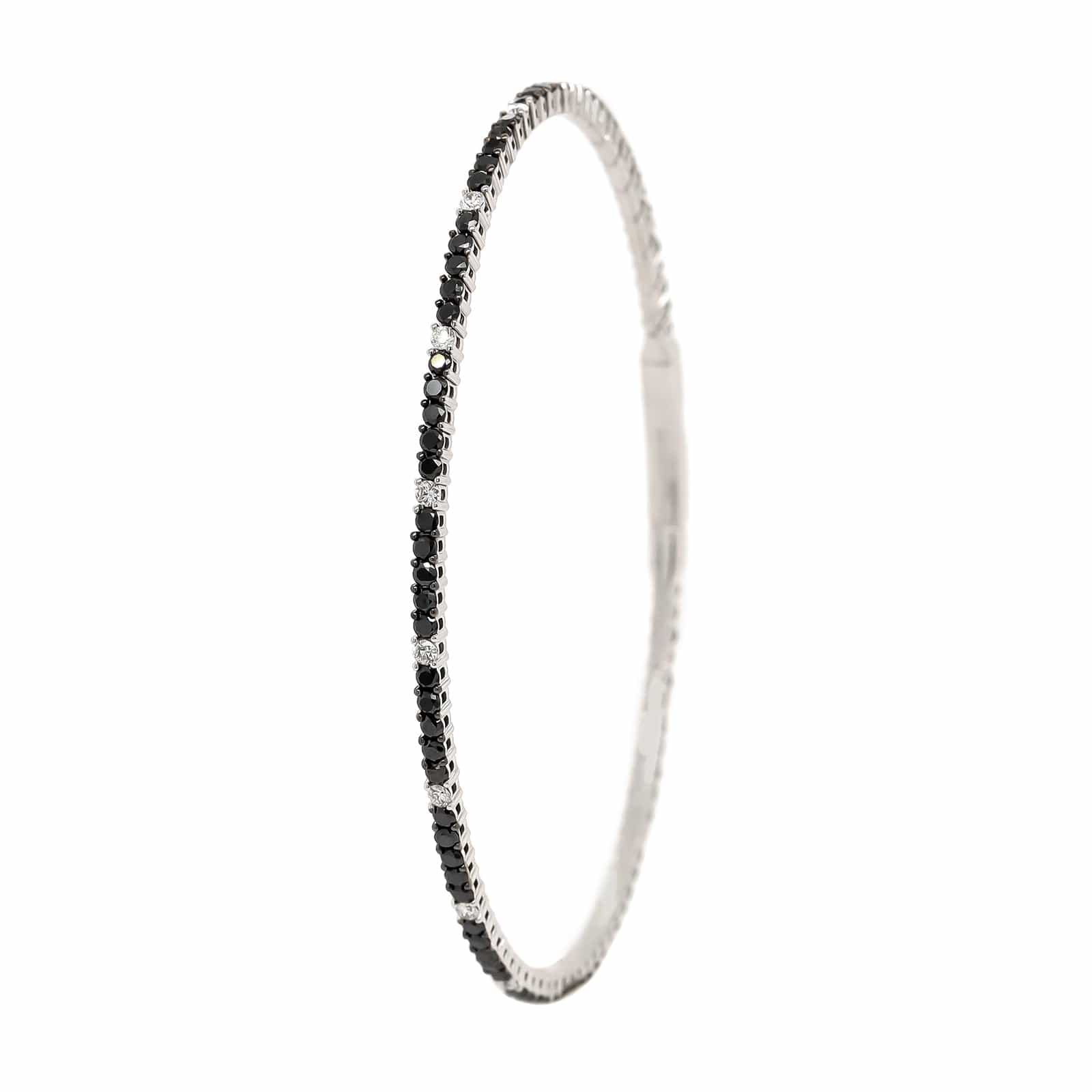 18K White Gold Thin White and Black Diamond Flex Bangle Bracelet - Image 2