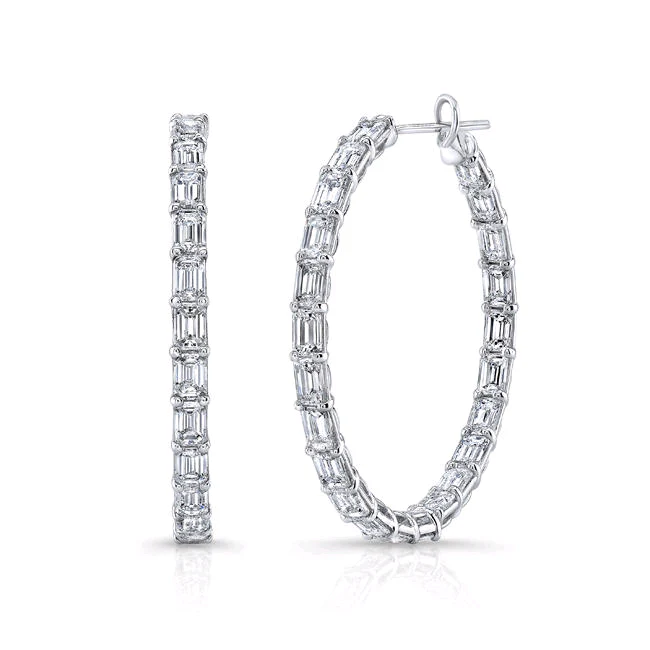 18K White Gold Emerald Cut Diamond Hoop Earrings