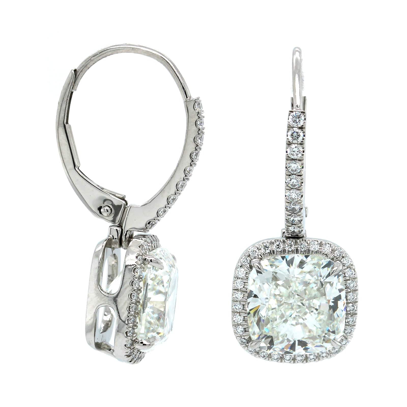 Platinum Cushion Diamond Halo Drop Earrings