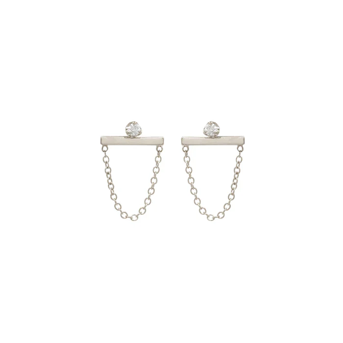 14K White Gold Diamond Bar with Hanging Chain Drop Earrings