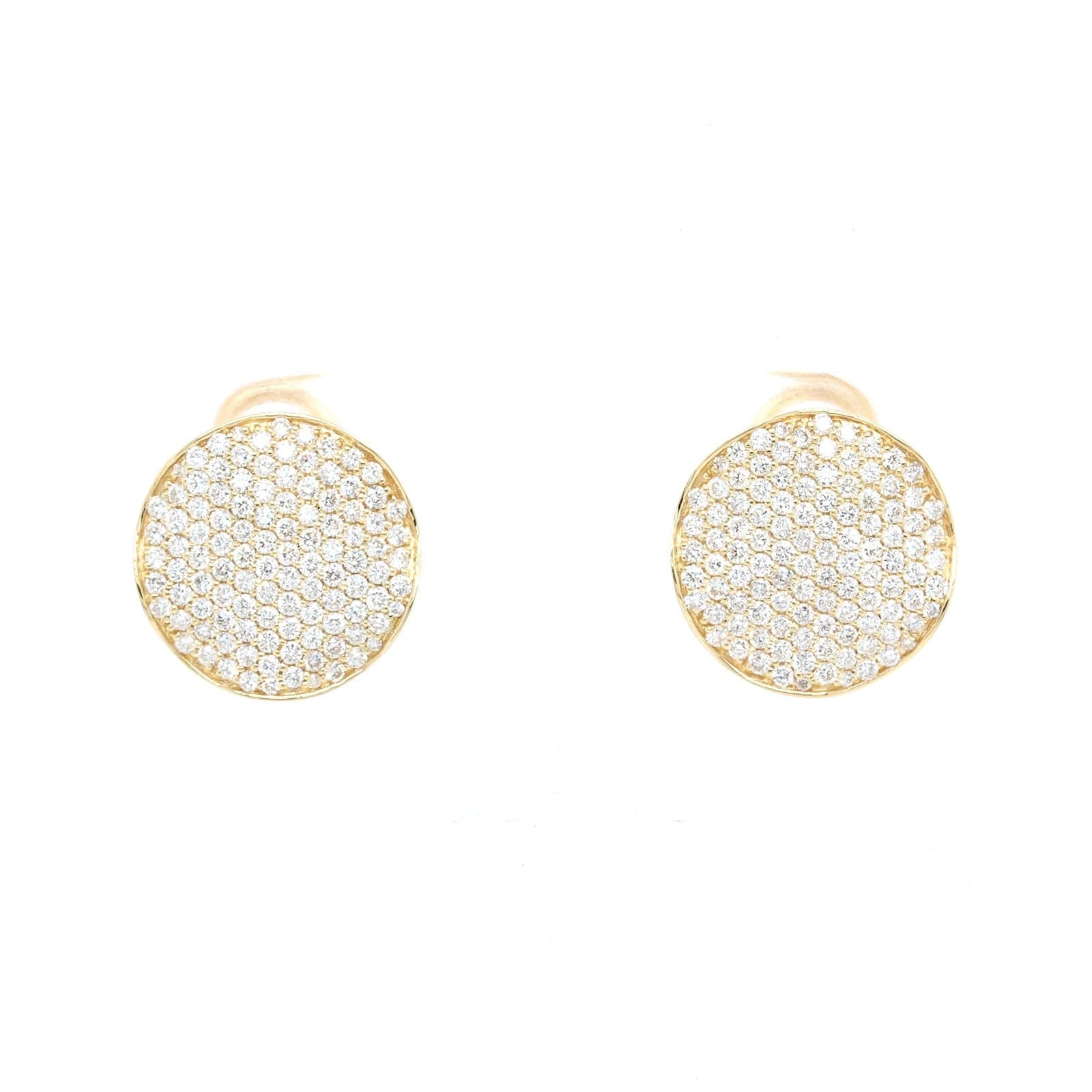 18K Yellow Gold Pave Diamond Round Disc Stud Earrings